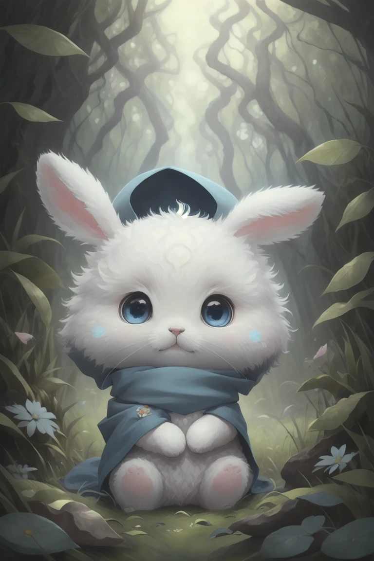 best quality,masterpiece,Fluffy,Bunny. Blue scarf, big eyes,lawn,forest,paw pose,chibi,