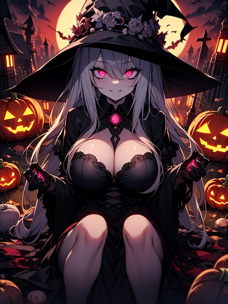  High image quality、Best Quality、8k、  perfect face、Alone、 zombie girl 、Grey Skin、(corruption)、Oblique eyes、Crazy Eyes、 pink eyes glow in the dark、  black eyeshadow  、Hollow Eyes、Shadow Face、Detailed lips、Long silver hair、 big breasts at the temple、 creepy silhouette with glowing eyes at night、 Extremely Tired Goth Woman   、Yandere face 、witch、   Crazy Evil Smile  、 Evil expressions 、cemetery、  Knees on a Church Background  、Red full moon、  Halloween  