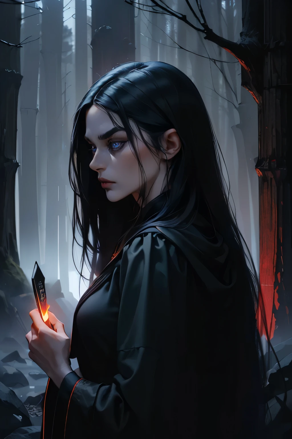 game cover, ( dark forest background , red twilight in the background), ( Digital art , digital illustration , 4K, Ultra detailed , sharp image , incredible eyes , incredible detail) 1 woman, in the hood, with a knife in hand (( black hair , long hair , long face, thin lips, serious look, detailed face, detailed dark blue eyes, brave,28-year-old woman,:1.3)), (looks from behind ), ((black robe, all black clothes , in the hood убийцы, knife in hand )),