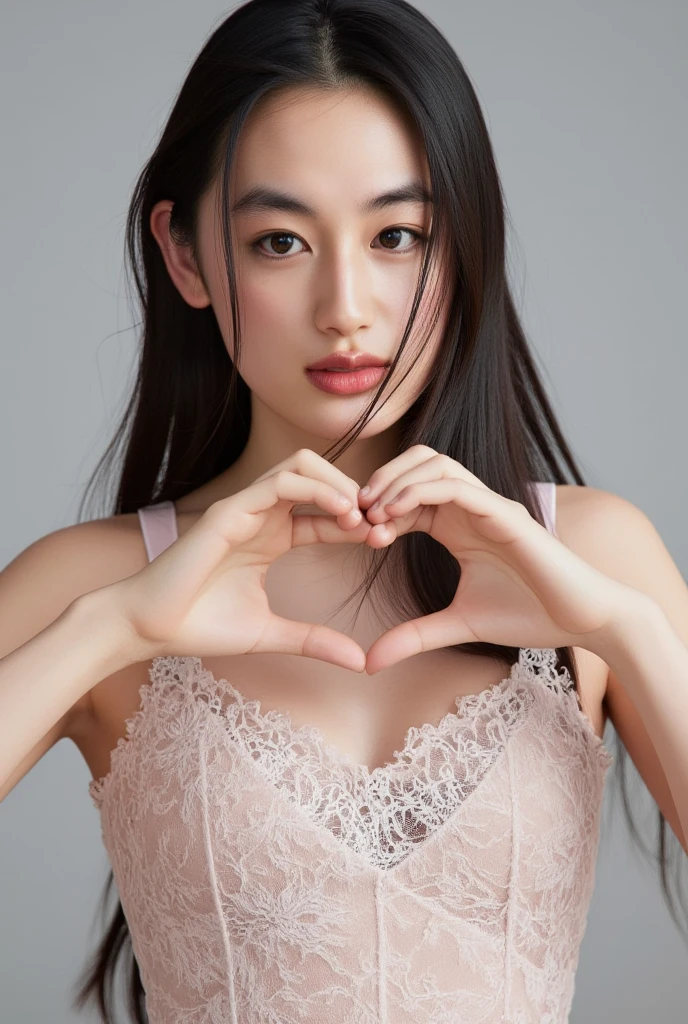 She is in a pose wearing a sexy camisole, making a firm big heart shape with both hands, and holding it in front of her chest, Cute smile up、Monotone background

