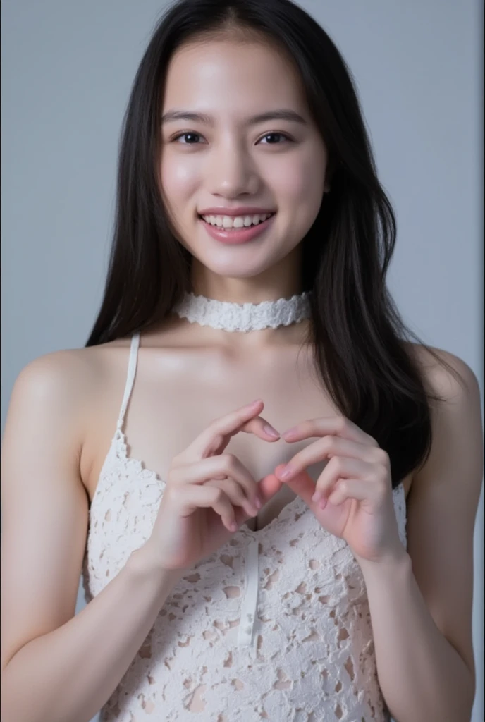 She is in a pose wearing a sexy camisole, making a firm big heart shape with both hands, and holding it in front of her chest, Cute smile up、Monotone background

