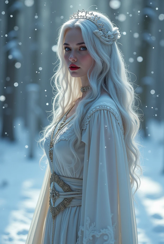 ((RAW Photo), absurd, (absurdresolution)), masterpiece, best quality, (Extremely detailed 8k unity CG wallpaper), (best illustration), (best shadow), Realistic lighting, beautiful detailed glow, ((21 years old)), girl, long silver hair, snow queen, accessories, rosary in hand, Archangel appear behind her as a guardian angel, red lipstick, iconic walking stance, snow drops snow flakes (((Photographic Perspective of her)))