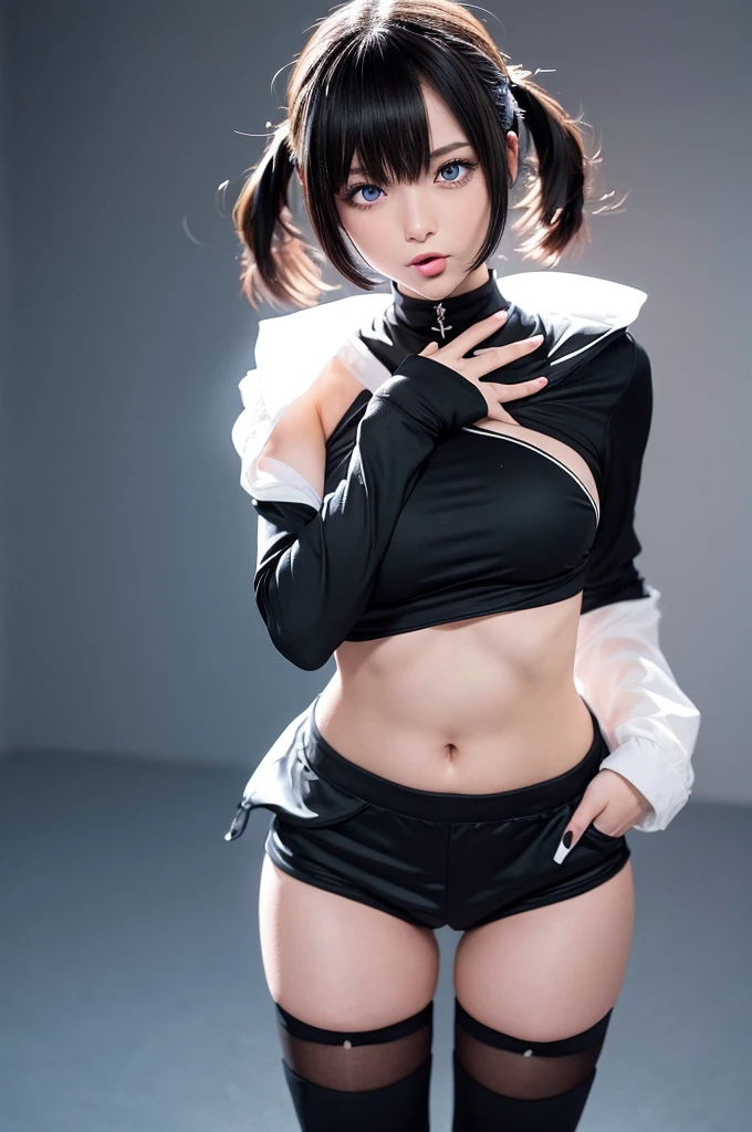 Japan pretty girl, (realisitic, Hi-Res: 1.4), 1 girl, (Natural light), (more face, more hair, More skin), (Middle chest), Big eyes, slender,(High-cut leotards:1.7),(Red eyeshadow:1.7),(pantyhose:1.6),(Black belt:1.3),ponytail hair