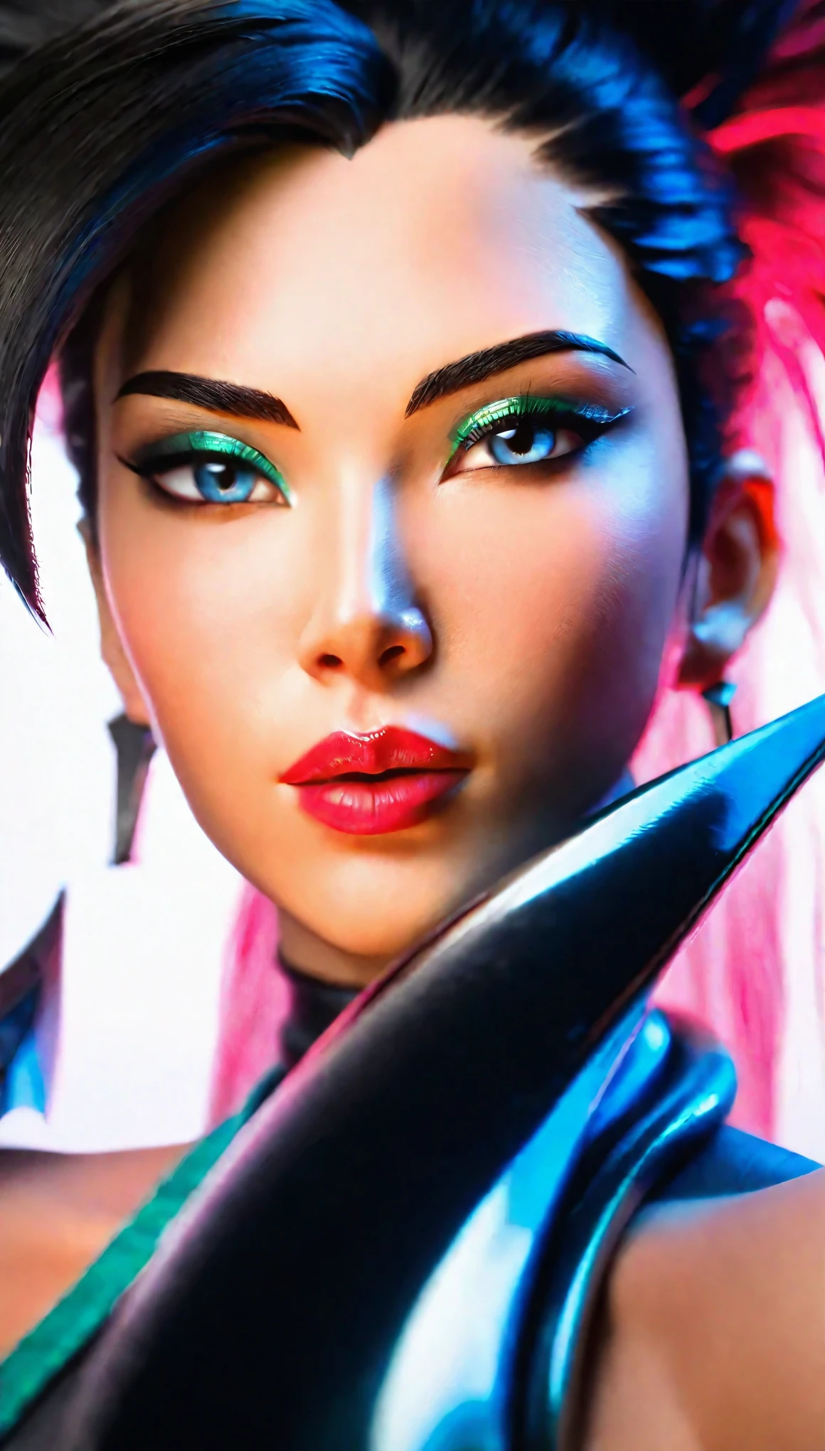 a highly detailed anime style portrait of akali, league of legends season 14 world championship, beautiful detailed eyes, beautiful detailed lips, extremely detailed face and features, studio lighting, dramatic lighting, cinematic, vibrant colors, photorealistic, hyper detailed, intricate fantasy character design, dynamic pose, powerful expression, digital art, masterpiece