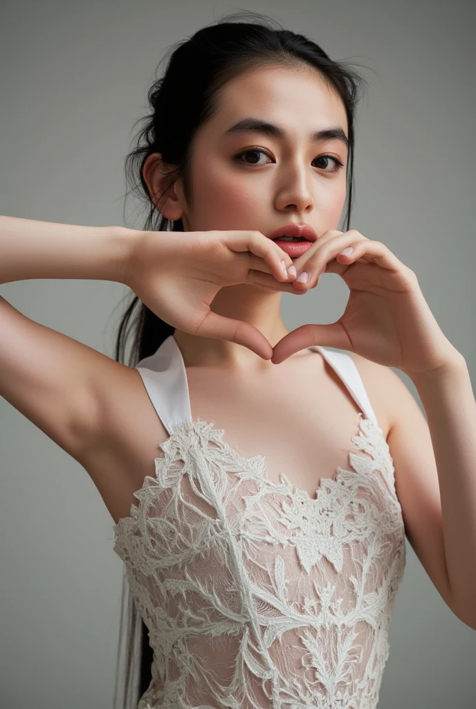 She is in a pose wearing a sexy camisole, making a firm big heart shape with both hands, and holding it in front of her chest, Cute smile up、Monotone background

