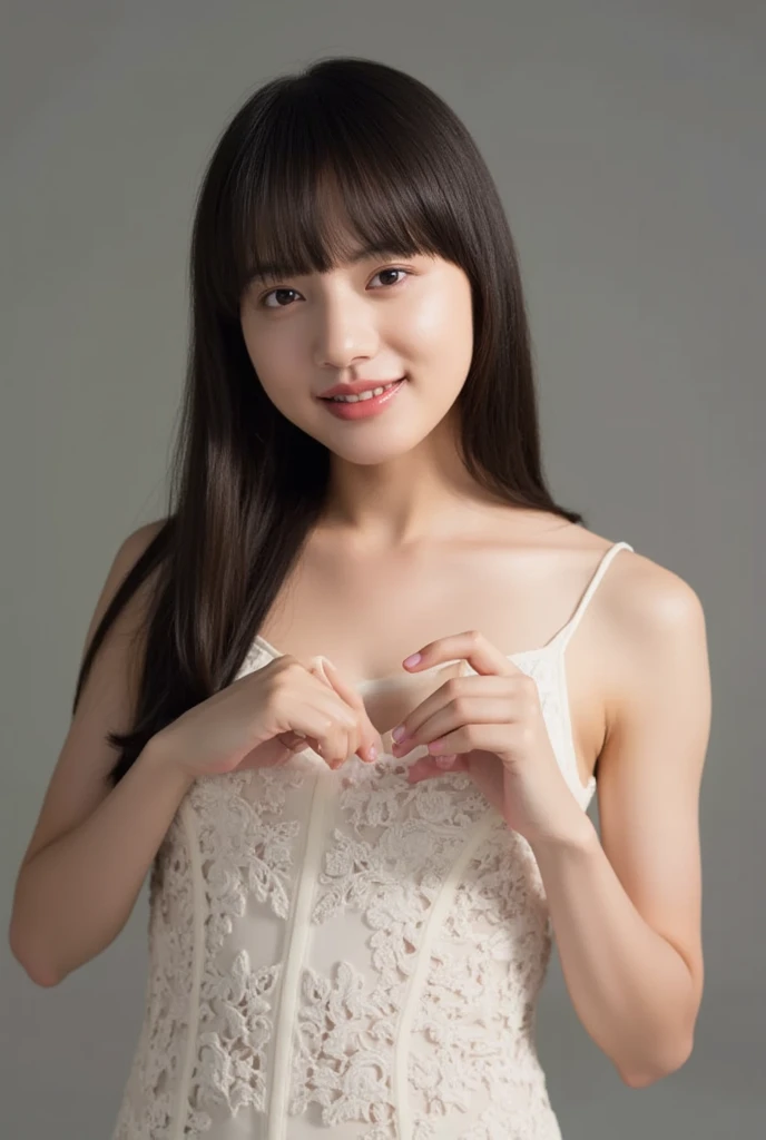 She is in a pose wearing a sexy camisole, making a firm big heart shape with both hands, and holding it in front of her chest, Cute smile up、Monotone background

