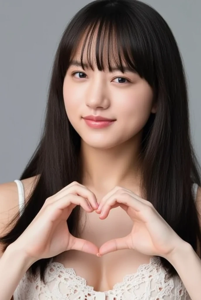 She is in a pose wearing a sexy camisole, making a firm big heart shape with both hands, and holding it in front of her chest, Cute smile up、Monotone background

