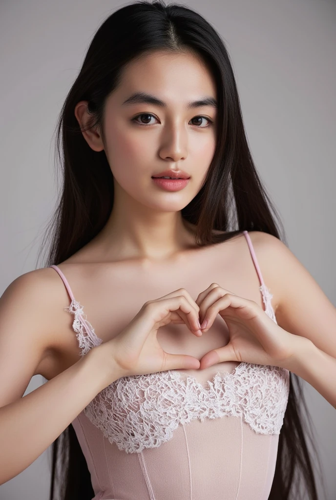 She is in a pose wearing a sexy camisole, making a firm big heart shape with both hands, and holding it in front of her chest, Cute smile up、Monotone background

