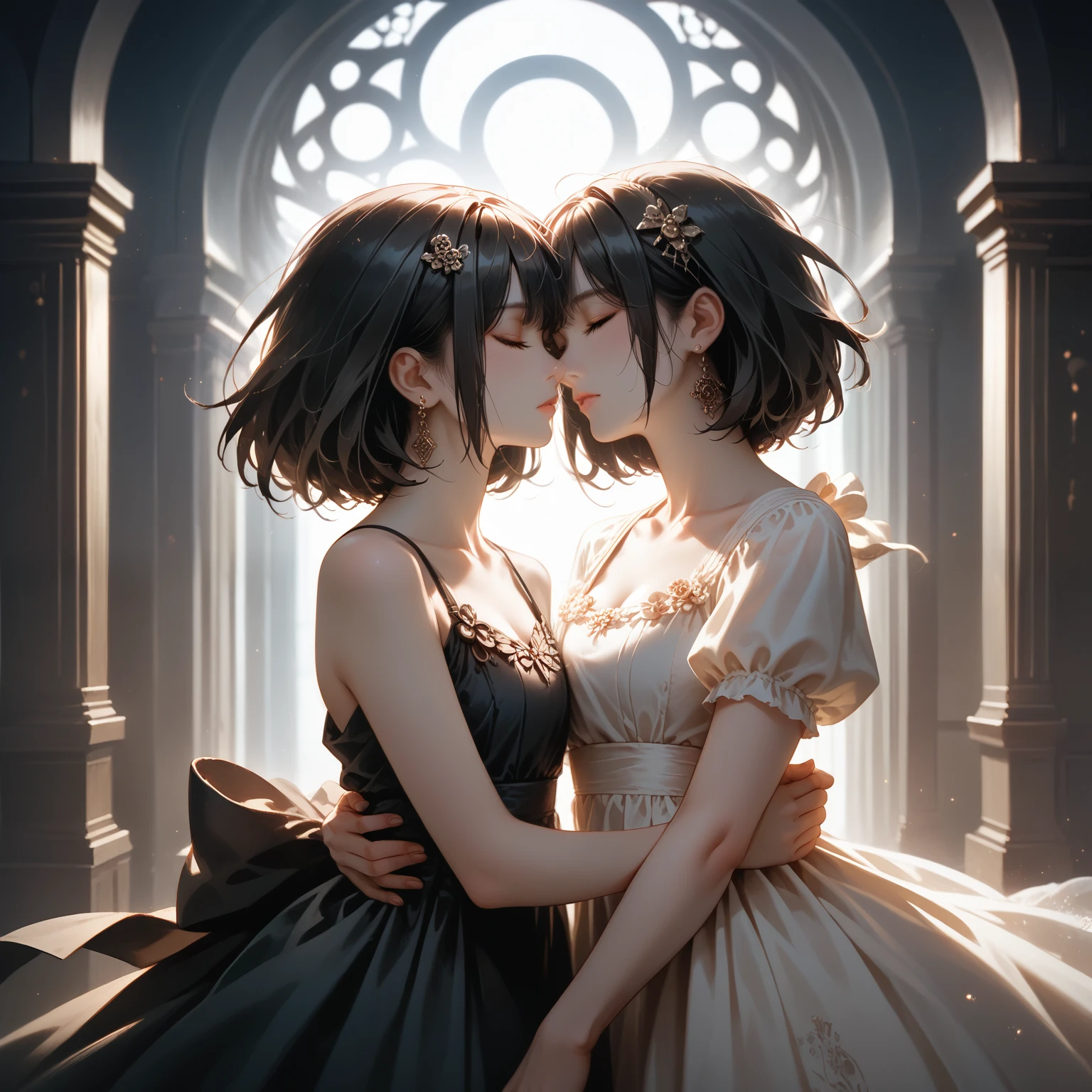 illustration, best quality, 2girls, somber expressions, one girl with short dark hair wearing a dress with a large bow, the other with long dark hair in a flowing dress, seated together, gentle embrace, closed eyes, dark and textured background, ethereal and melancholic atmosphere, soft lighting, vintage and ghostly feel, emotional and intimate scene