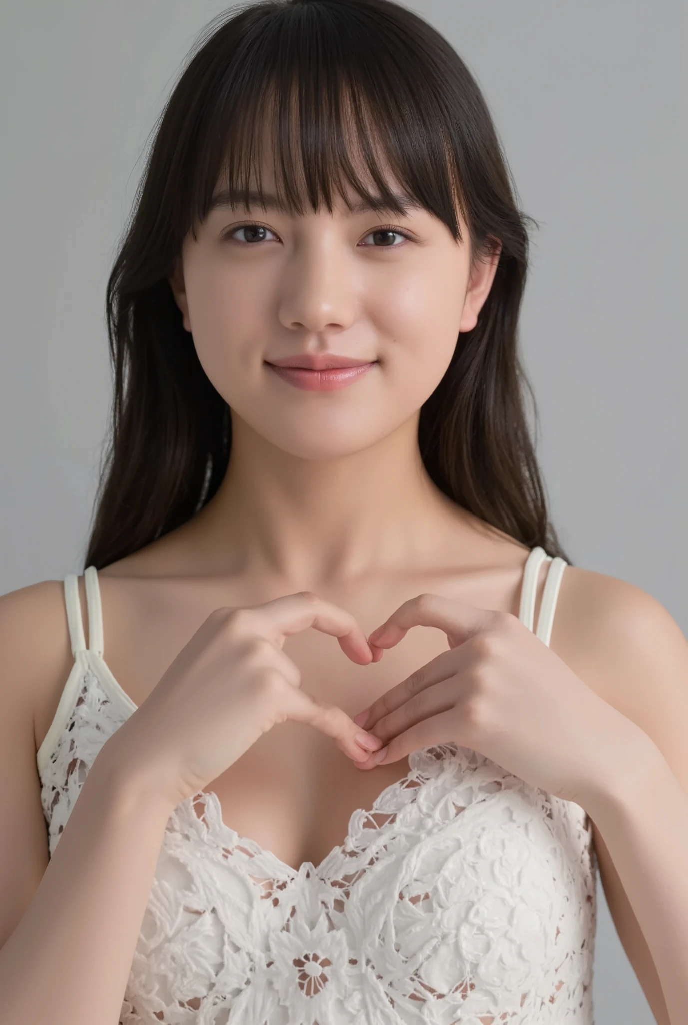 She is in a pose wearing a sexy camisole, making a firm big heart shape with both hands, and holding it in front of her chest, Cute smile up、Monotone background

