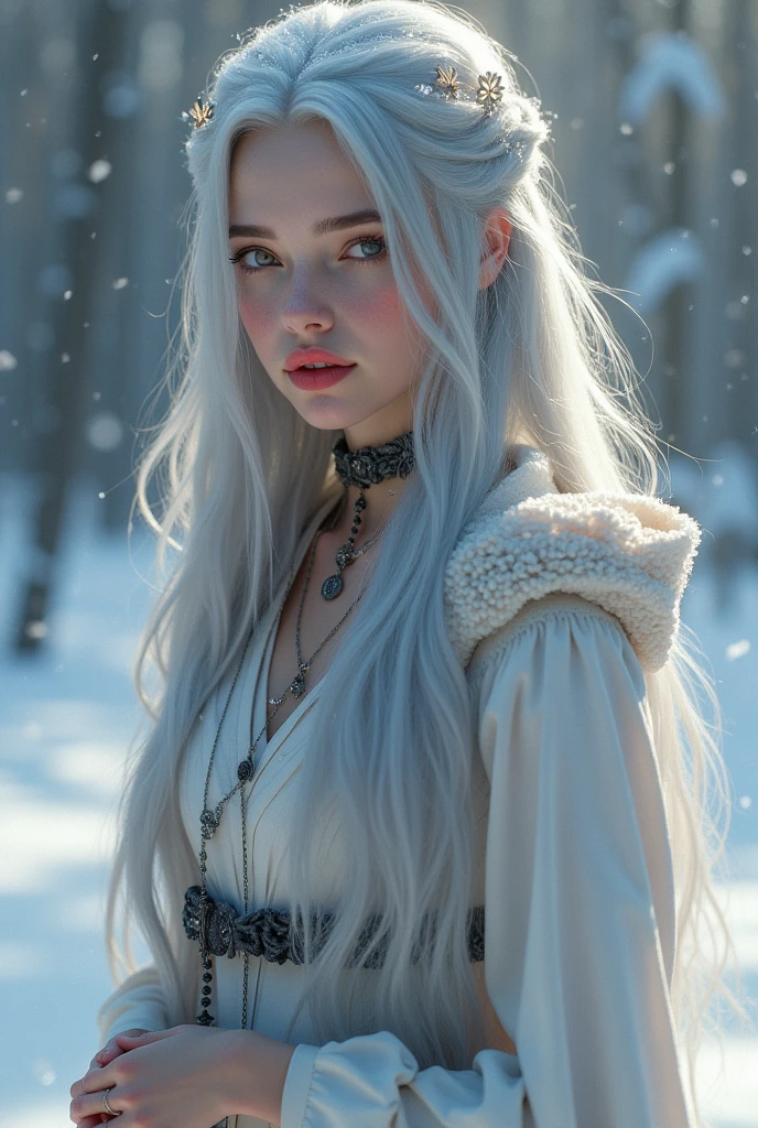 ((RAW Photo), absurd, (absurdresolution)), masterpiece, best quality, (Extremely detailed 8k unity CG wallpaper), (best illustration), (best shadow), Realistic lighting, beautiful detailed glow, ((21 years old)), girl, long silver hair, snow queen, accessories, rosary in hand, Archangel appear behind her as a guardian angel, red lipstick, iconic walking stance, snow drops snow flakes (((Photographic Perspective of her)))