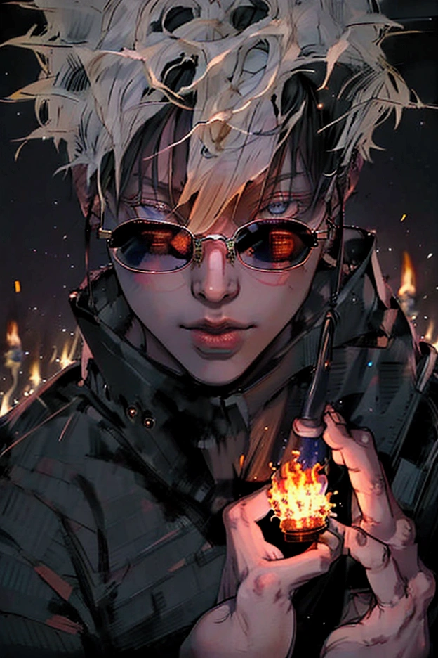 portrait of satoru gojo, beautiful detailed eyes,extremely detailed face, wearing traditional indian clothes, holding small oil lanterns, standing in front of fireworks and burning cracker, wearing black sunglasses, intricate details, hyper realistic, 8k, cinematic lighting, vibrant colors, dramatic composition, masterpiece