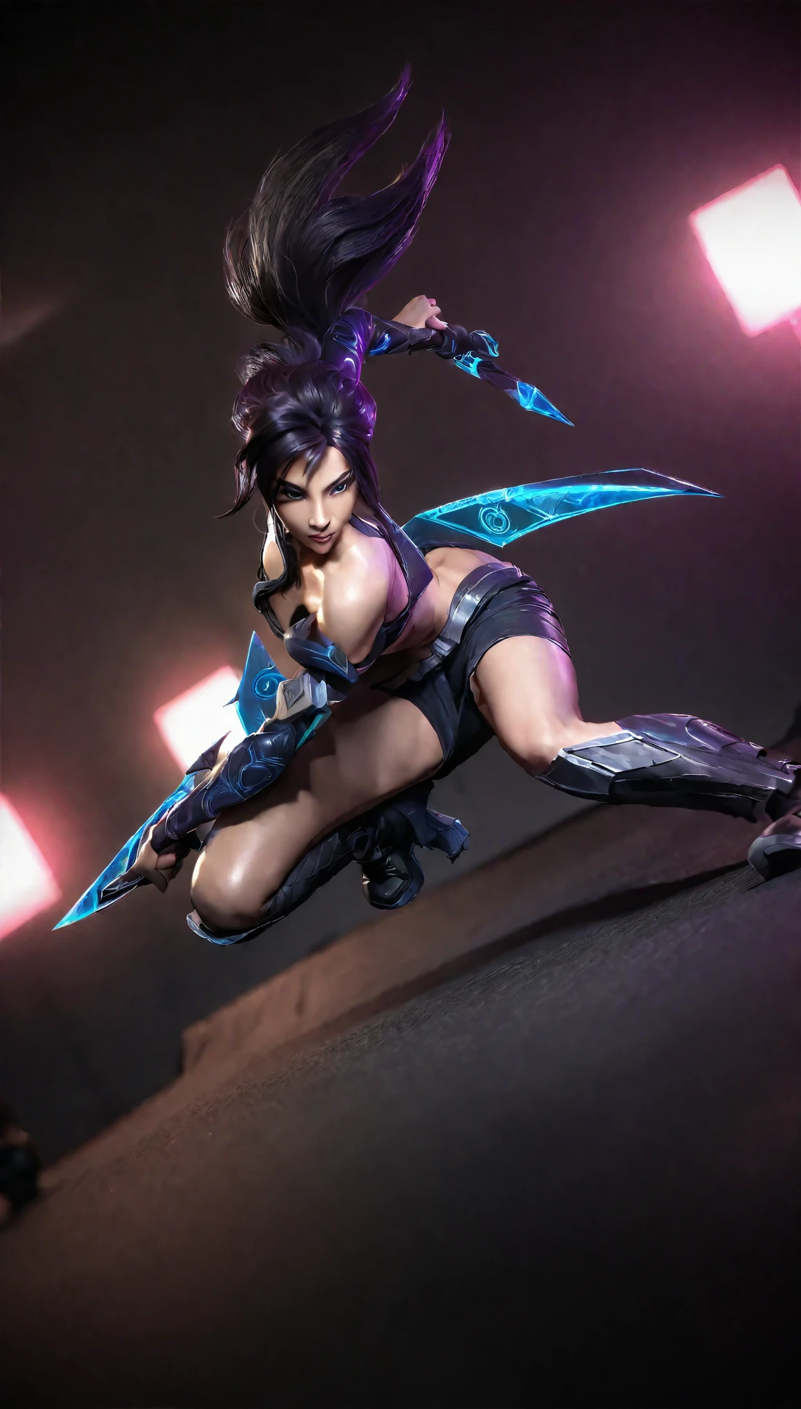 a dynamic pose of akali, league of legends season 14 world championship, full body, highly detailed, intricate details, unreal engine, 8k, photorealistic, cinematic lighting, dramatic, intense colors, action, motion blur, powerful, fierce expression, focused gaze, muscular build, dynamic pose, combat stance, weapon in hand, complex background, futuristic setting, dramatic clouds, volumetric lighting, depth of field