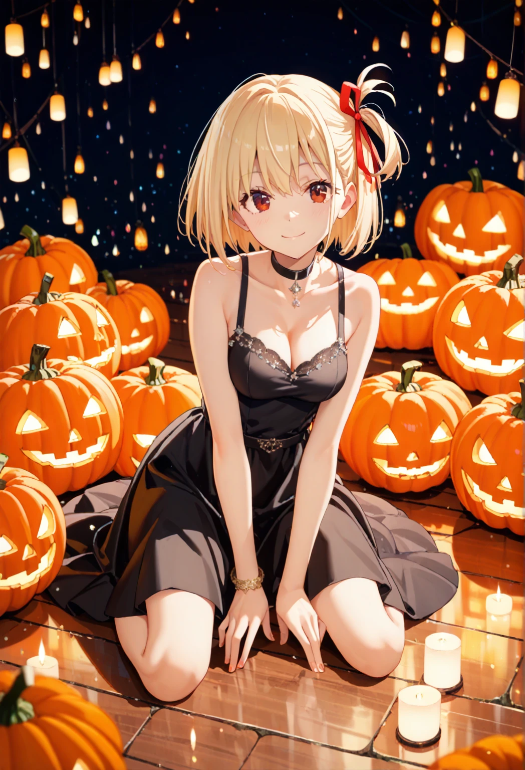 chisato nishikigi, short hair, bangs, blonde hair, red eyes, hair ribbon, one side up, bob cut,a young asian woman sitting on floor and surrounded by lit pumpkins, cinematic lighting,lanthanums,1girl, solo, dress, black dress, sitting, breasts, jewelry, black choker, sleeveless dress, looking up, sleeveless, bare shoulders, blonde hair, hand between legs, halloween, between legs, orange theme, jack-o'-lantern, smile, cleavage, bob cut, bangs, red eyes,Lanterns in the sky,glitter tone