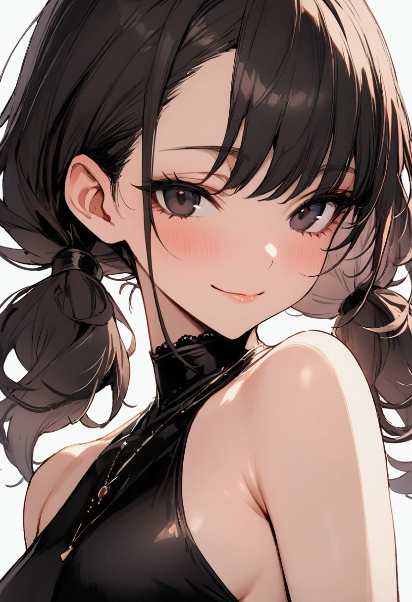 one girl, high twin tails, high pigtails, hair bangs, medium hair length, black hair, dark eyes, pretty face, slim figure, short black dress, close up, small smile, seductive, sly, masterpiece, best quality