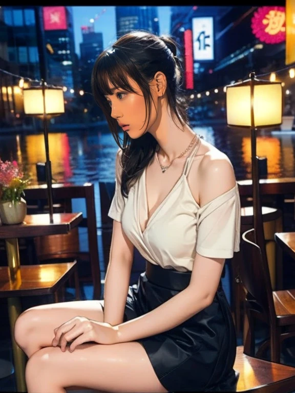 8k、Best Quality、masterpiece、 ultra high resolution、 as in the picture 、 Beautiful Japanese Women、 elegant、There are some good ones too、Double Eyes、Kind Face、The beauty of the wind、Moisturizing Beauty、 shortcuts、Eyes are apart、A transparent atmosphere、Beautiful Face、The corners of the mouth turn up、 Raccoon Face、watch、 necklace 、Bangles、Gradient lighting、 one girl playing pranks、 delicate skin 、Looking into the distance 、 Brown Eyes 、On the chest、The chest shape is clear,,,、very, [very huge、 big breasts at the temple、RAW photo、(Pyros Face_v1:0.5)、（ sheer jersey crew neck t-shirt）、 I can see my stuff、 pleated skirt、  What Can You Do  ?、 Look Away 、Completely dark、theme、、Look here、 shoulder bag 、Late Night、Thick Ass、Big Ass、Fantastic、Bangs fall to the sides、Hair style、 shortcuts、eyelet  & eyelet 、Moisturizing Beauty、Ginza、Night Bar、Night view、Beer  Festival、Rooftop Beer  Garden、Night view、Beer  Event Venue、SLR、Haihuai、Looking down angle、Find your audience、 looks up、Beer  in hand、Drunk、Laugh happily、Beer  、Slightly Drunk、  happy expression、Beer を飲む、sense of openness、Edgy atmosphere、Ebisu Beer 、In a good mood to get Drunk、One of the straps on the dress came off..、Table seating、 Sitting on a Chair 、 lean on a chair、 at dawn、 sticks elbow to table、Drunk、Drunk，Your face is red、Eyes are wounds、Dog  necklace 、Many men