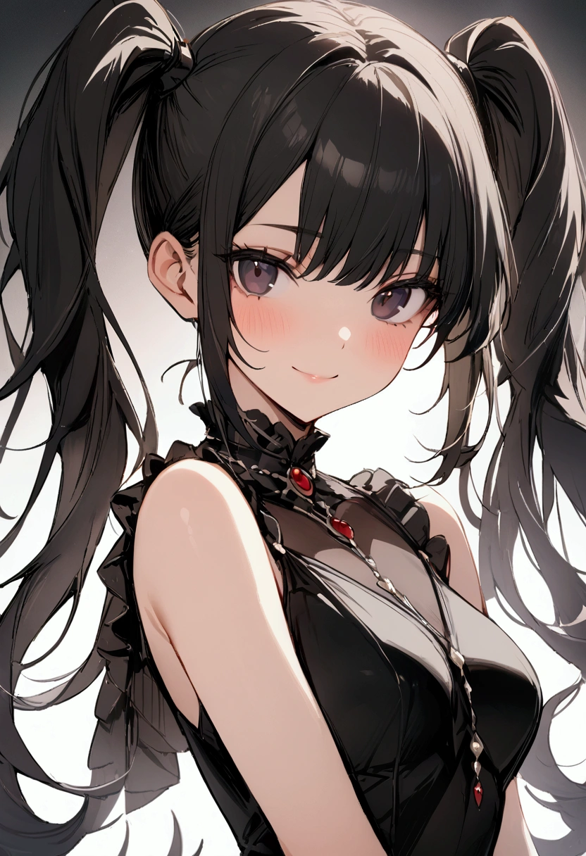 one girl, high twin tails, high pigtails, hair bangs, medium length hair, black hair, dark eyes, pretty face, slim figure, short black dress, close up, small smile, frowned, masterpiece, best quality