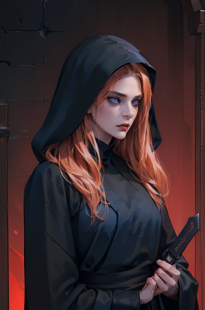 game cover, (red background, dark gloomy street), (  Digital art ,   digital illustration  , 4K, Ultra detailed  ,   sharp image   ,  incredible eyes , incredible detail) 1 woman,  in the hood, with a  knife in hand   (( черные hair, hair , long face, thin lips, serious look, detailed face,   detailed dark blue eyes, brave,28-year-old woman,:1.3)), ( dynamic angle, from behind), ((black robe,   all black clothes , in the hood убийцы,  knife in hand  )),  