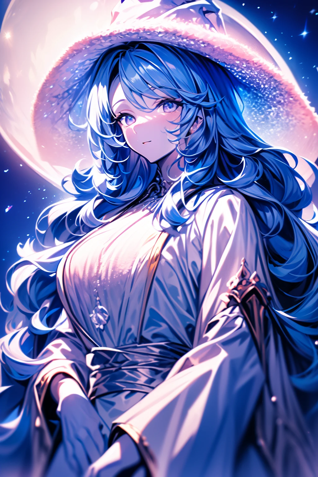 Solo woman, very large white witch hat, white dress, grey fur coat, long blue hair, light blue skin, purple eyes, elegant, high detail, four arms, beautiful, 4k Ultra HD, Blue filter, starts and moon background