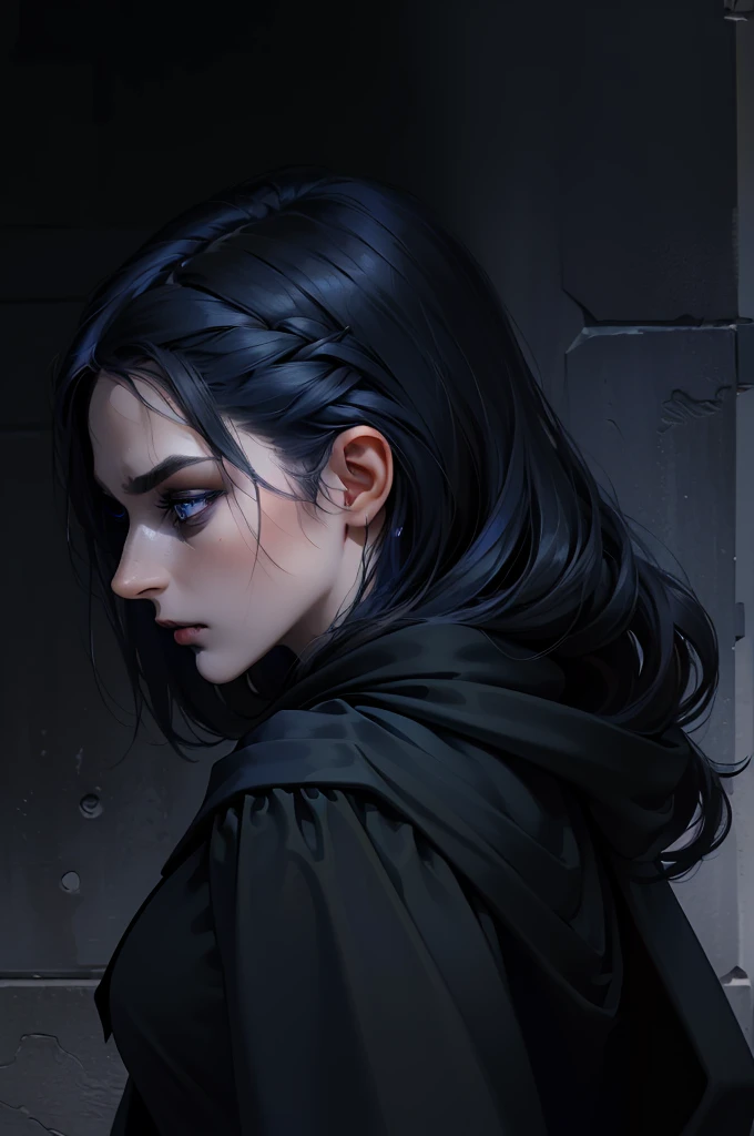 game cover, (dark gloomy background), (  Digital art ,   digital illustration  , 4K, Ultra detailed  ,   sharp image   ,  incredible eyes , incredible detail) 1 woman,  in the hood, with a  knife in hand   (( черные hair, hair , long face, thin lips, serious look, detailed face,   detailed dark blue eyes, brave,28-year-old woman,:1.3)), ( dynamic angle, from behind), ((black robe,   all black clothes , in the hood убийцы,  knife in hand  )),  