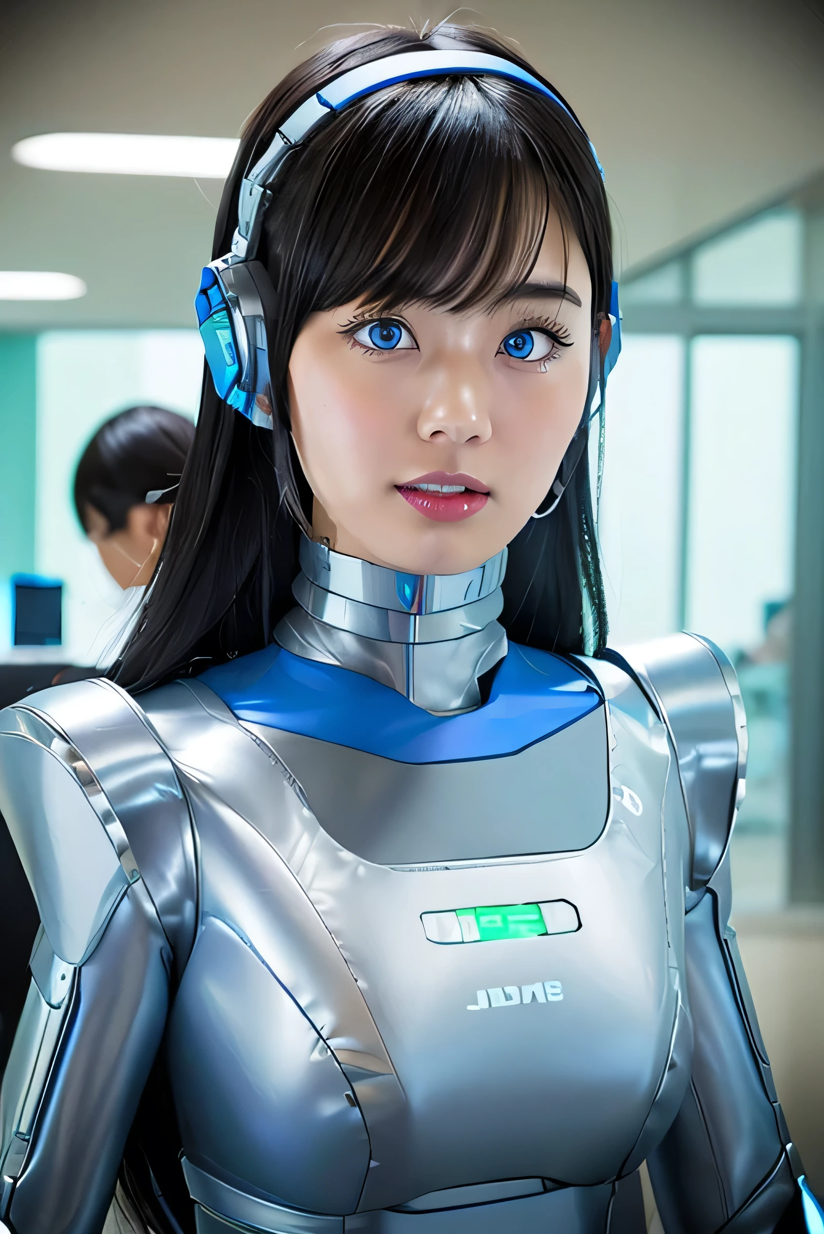 masterpiece, best quality, extremely detailed, Japaese android girl,Plump , control panels,android,Droid,Mechanical Hand, Robot arms and legs, Black Robot Parts,Black hair,Mechanical body,Blunt bangs,White robotics parts,perfect robot girl,future information counter,reception,long tube,thick cable connected her neck,ceramic body ,mechanical body,mechanical costume,android,robot,humanoid,cyborg,information office,japanese android receptionist ,mechanical chest,blue eyes,office-lady