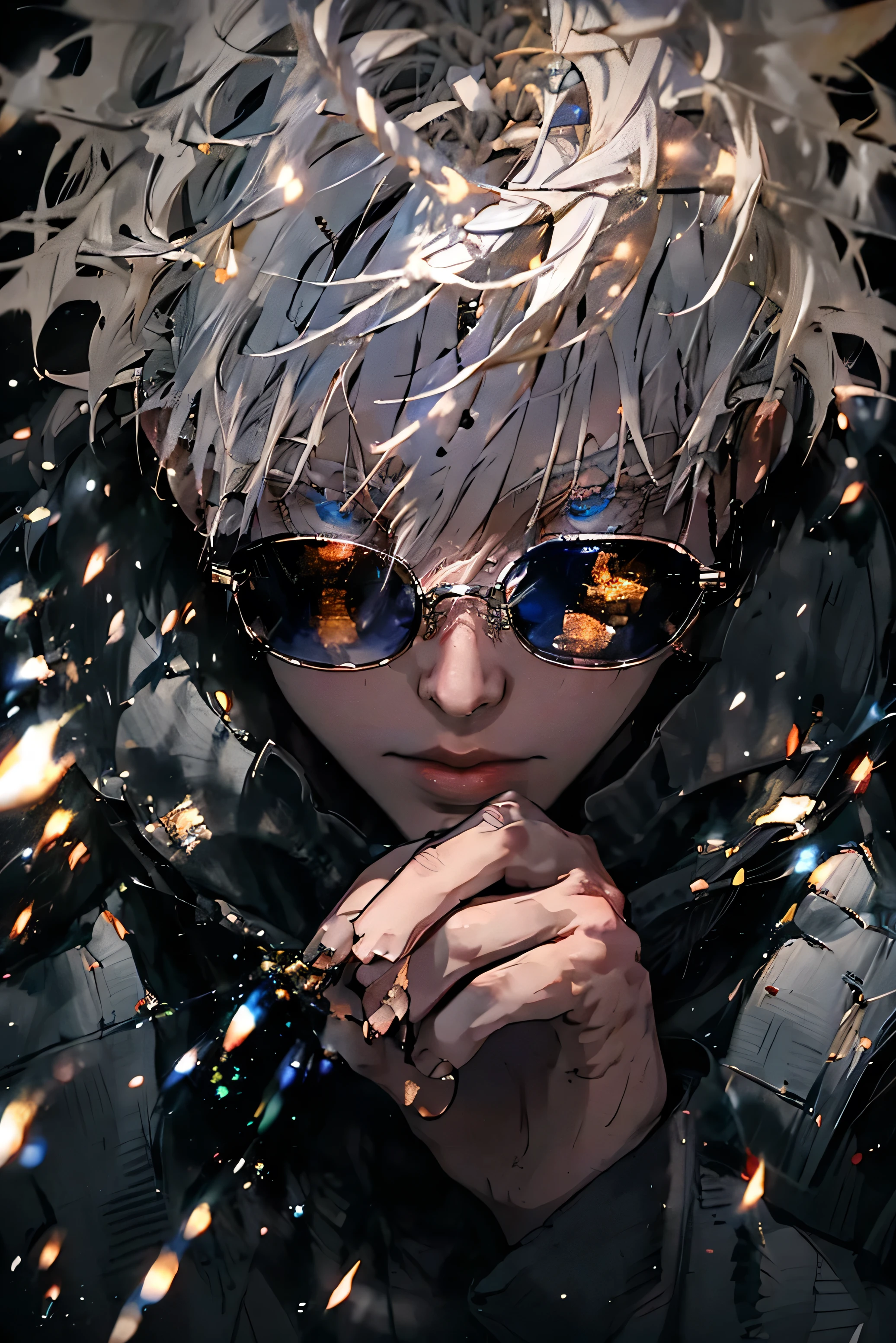 portrait of satoru gojo, beautiful detailed eyes,extremely detailed face, wearing traditional indian clothes, holding small oil lanterns, standing in front of fireworks and burning cracker, wearing black sunglasses, intricate details, hyper realistic, 8k, cinematic lighting, vibrant colors, dramatic composition, masterpiece,new year, night