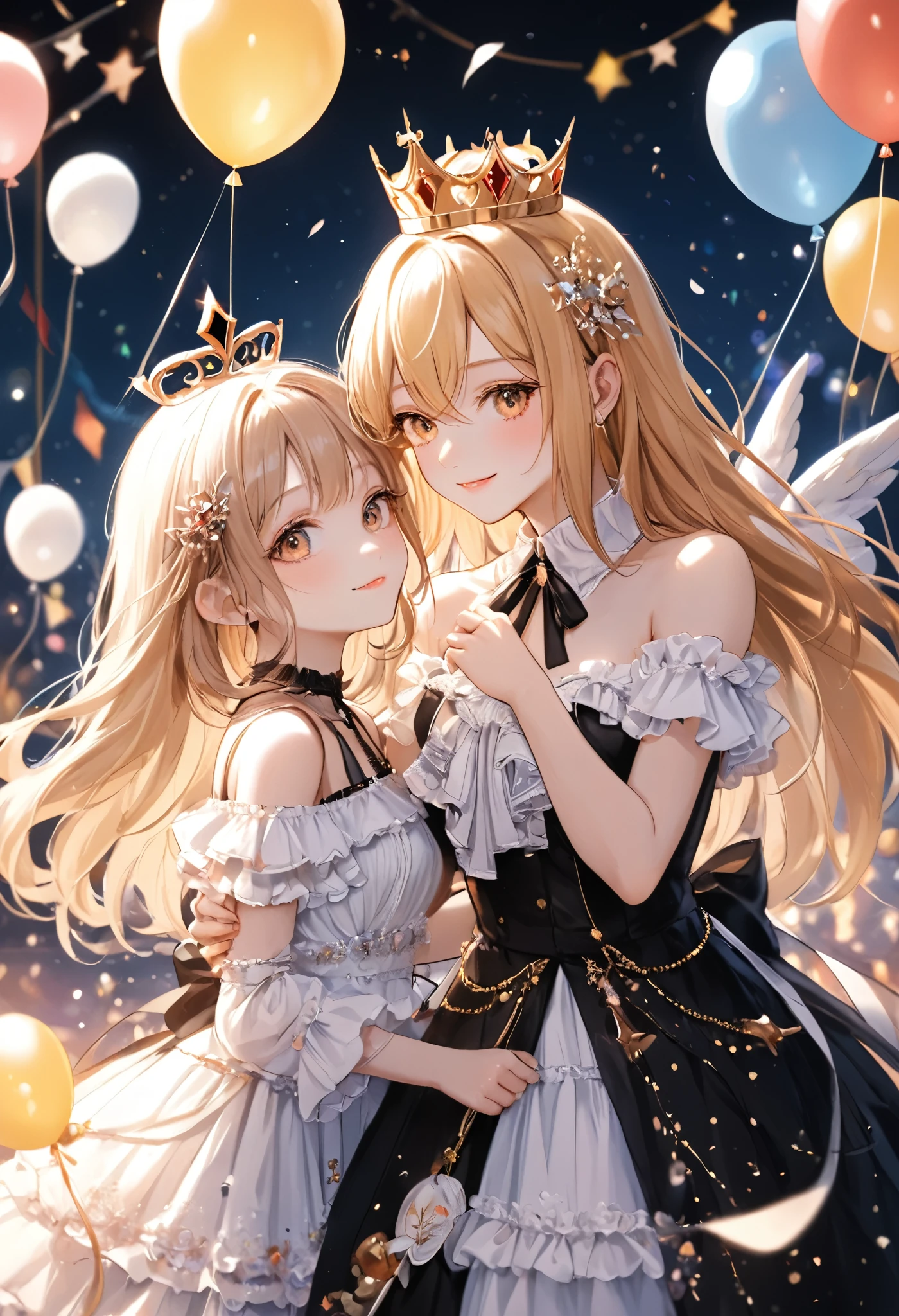 illustration, best quality, 2girls, angel girl with blonde hair and crown, devil girl with brown hair and black wings, playful and affectionate interaction, party hall background, elegant decorations with balloons and streamers, festive lighting, dressed in frilly dresses, warm and cheerful atmosphere, contrast between angelic and devilish themes, joyful and lively vibe