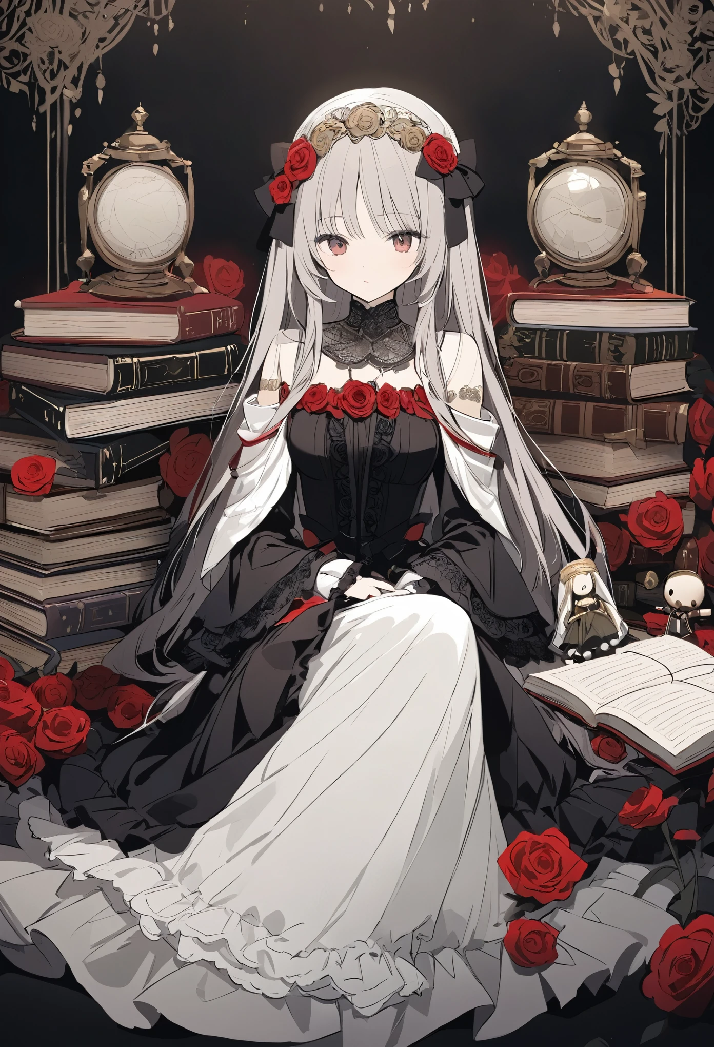 Light line drawing、Light color、doll、Rose Maiden 、 gothic dress 、Ball joints、sit、 old book on the side 、 surround it with red roses