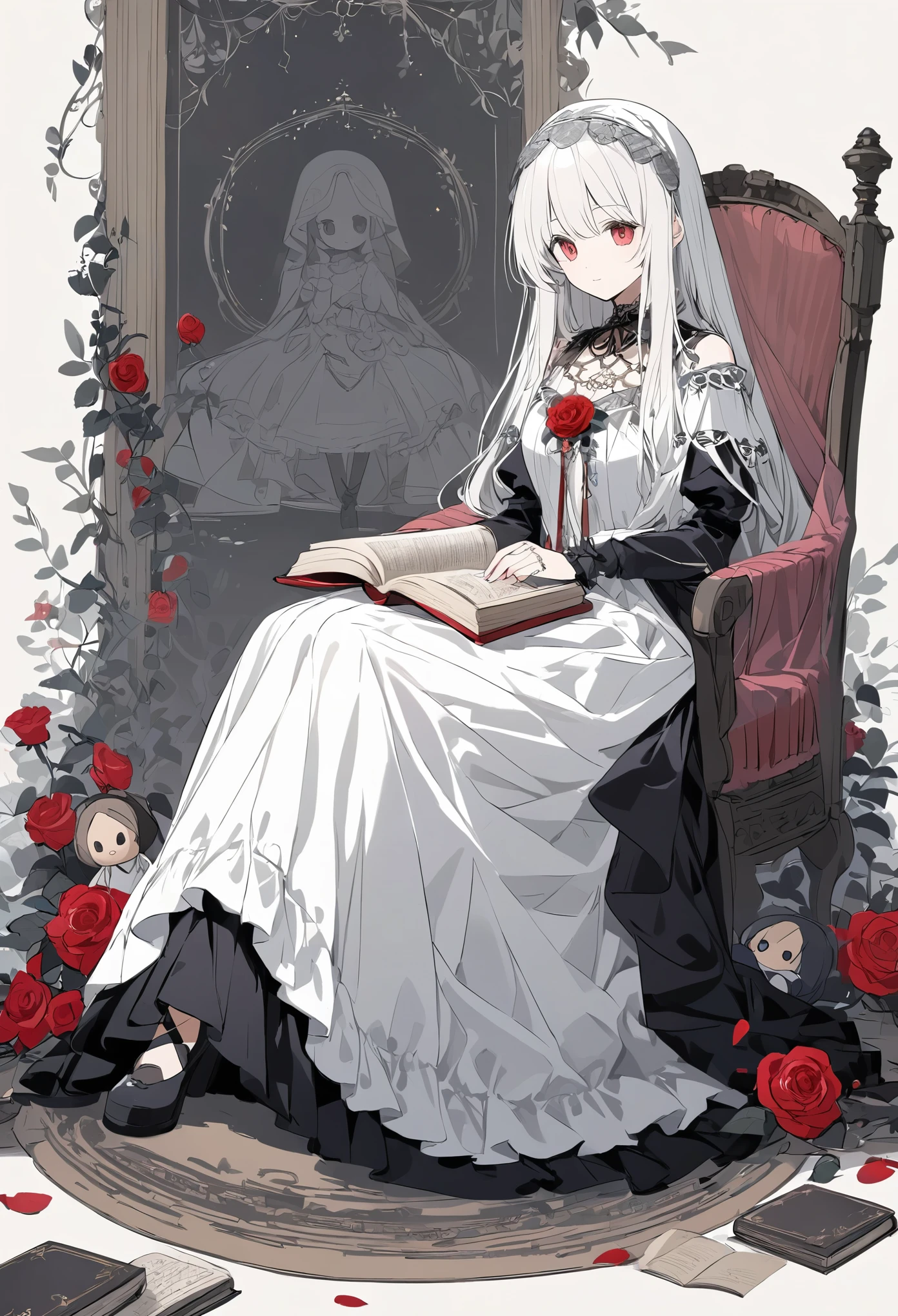 Light line drawing、Light color、doll、Rose Maiden 、 gothic dress 、Ball joints、sit、 old book on the side 、 surround it with red roses