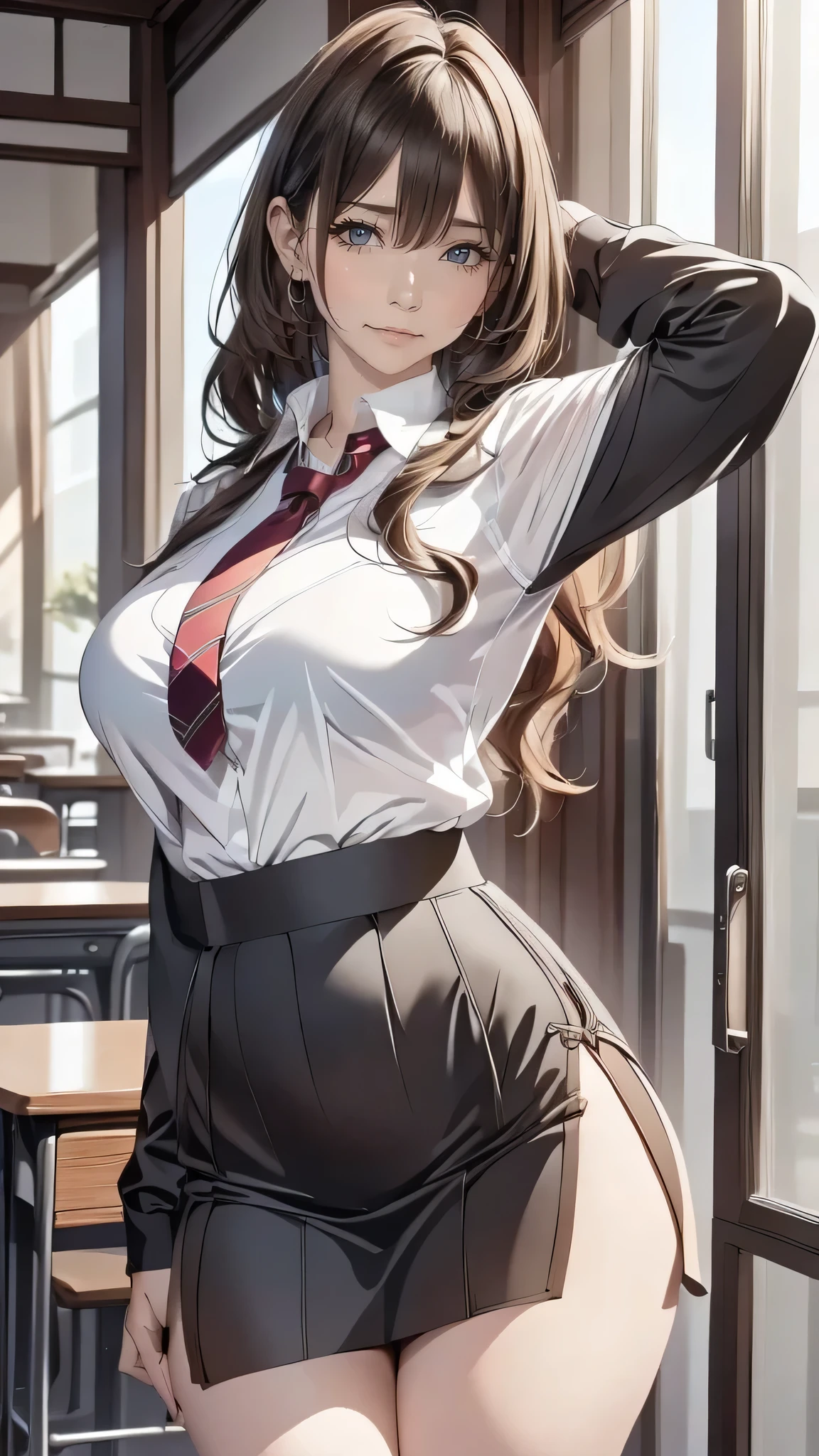 photorealistic, high resolution, 1women, mature female, solo, hips up, jewelry, wavy hair, long hair, school uniform