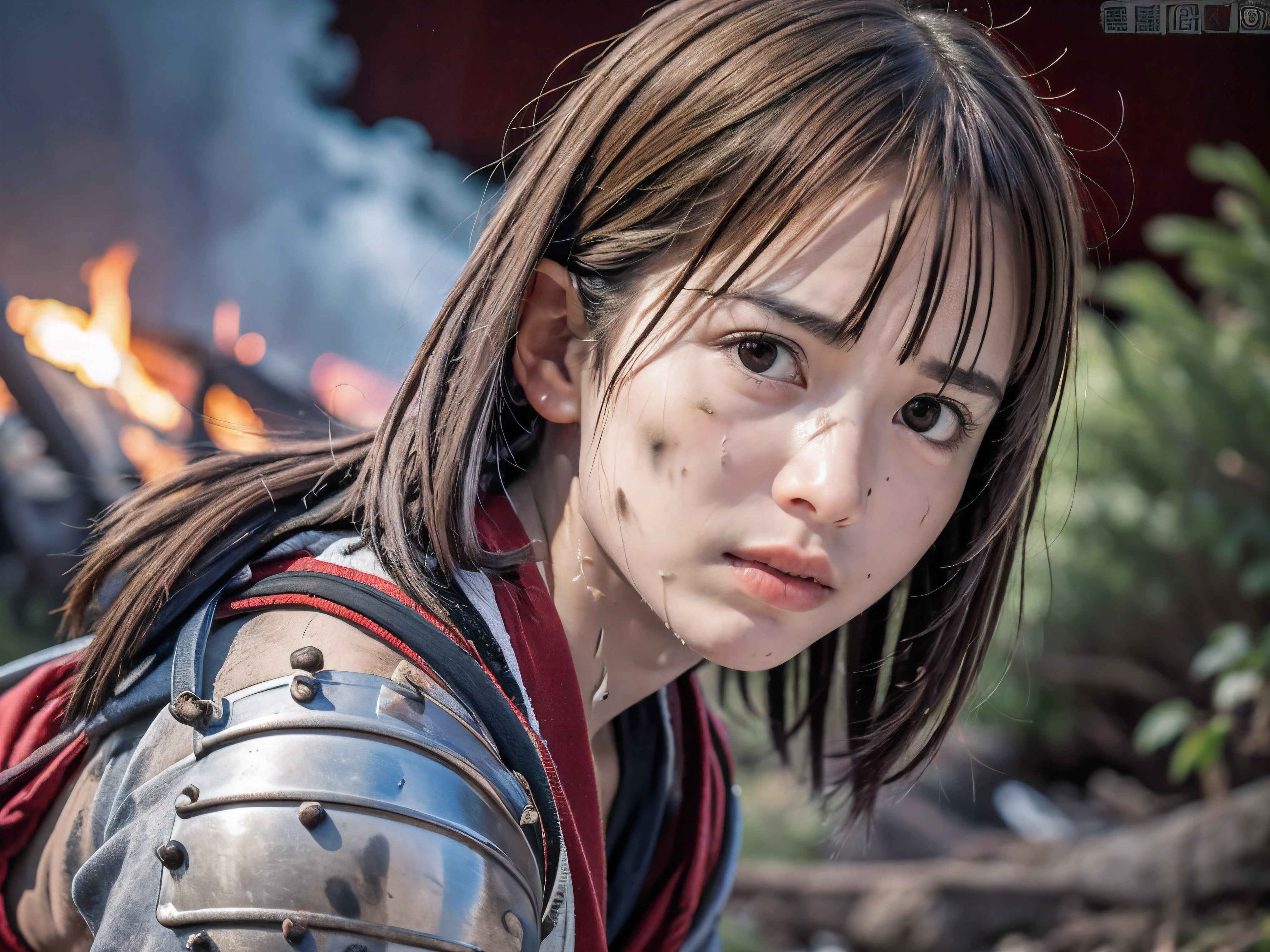 (Low angle shot of one slender small breasts round face brown short hair with bangs girl in a samurai silver armor:1.5)、(One girl is lying with her back behind on the wilderness land at the Sengoku period in Japan with crying dirty sperm splashed face:1.5)、(One girl has splashed sperm and blood on her face and body:1.5)、(One girl is tied wrist by rope:1.5)、(The big fire and burning trees on the wilderness land with red sky:1.5)、(blurred background:1.5)、(Natural light:1.5)、(8k ultra detailed master piece:1.5)、(perfect anatomy:1.5)、(Photorealistic stick:1.5)、(Raw photo:1.3)、(highest quality:1.5)、(High resolution:1.3)、(Delicate and beautiful perfect face:1.3)、(Delicate and beautiful eye air skin:1.3)、(Real Human Skin:1.3)、((thin legs))