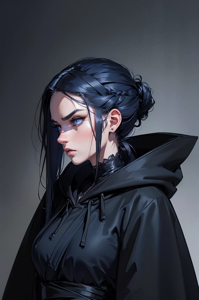 game cover, (dark gloomy background), (  Digital art ,   digital illustration  , 4K, Ultra detailed  ,   sharp image   ,  incredible eyes , incredible detail) 1 woman,  in the hood, with a  knife in hand   (( in profile, черные hair, hair , long face, thin lips, serious look, detailed face,   detailed dark blue eyes, brave,28-year-old woman,:1.3)), ((black robe,   all black clothes , in the hood убийцы,  knife in hand  )),  viewer&#39;s gaze