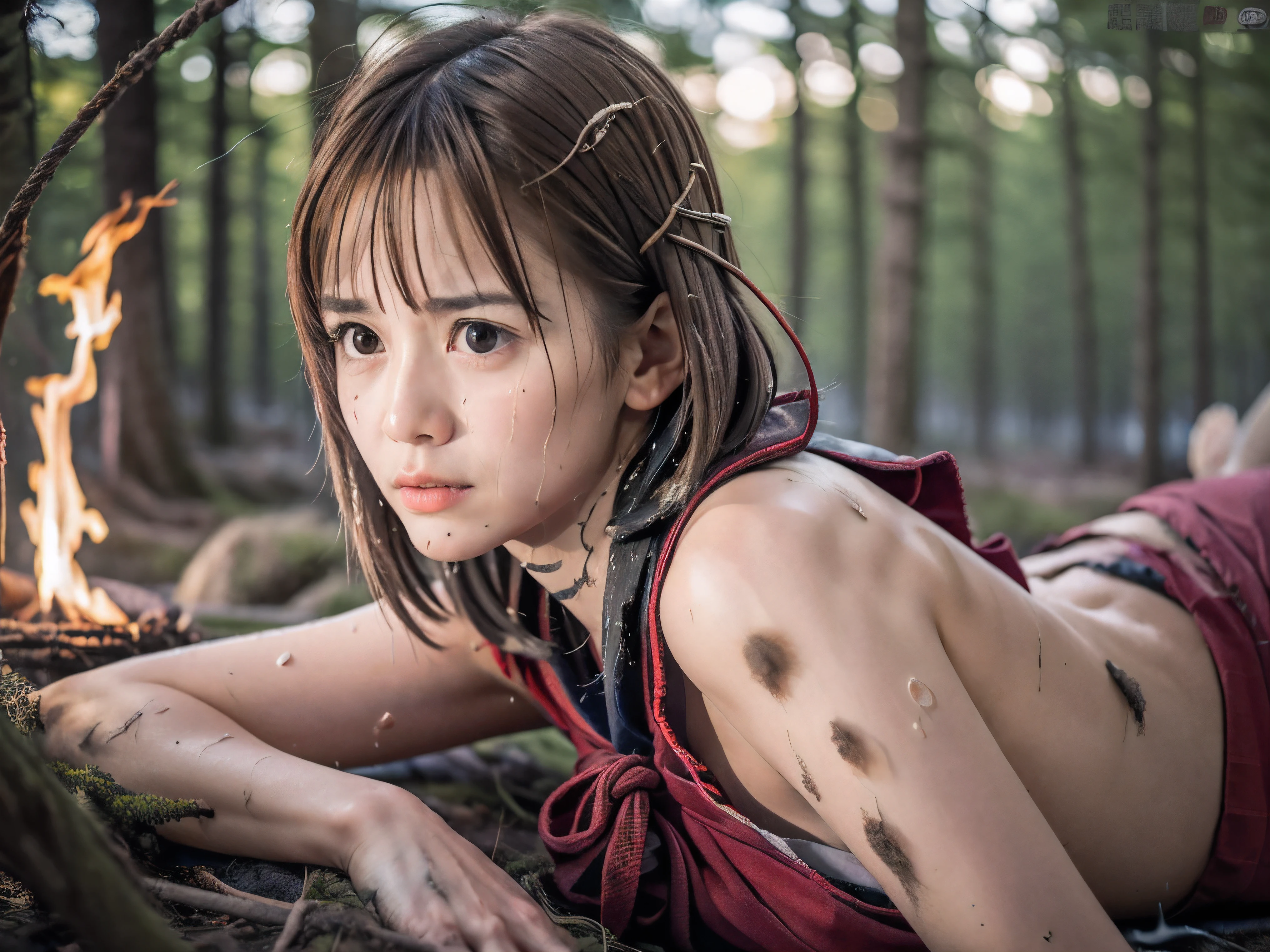 (Low angle shot of one slender small breasts round face brown short hair with bangs girl in a samurai silver armor:1.5)、(One girl is lying with her back behind on the wilderness land at the Sengoku period in Japan with crying dirty sperm splashed face:1.5)、(One girl has splashed sperm and blood on her face and body:1.5)、(One girl is tied wrist by rope:1.5)、(The big fire and burning trees on the wilderness land with red sky:1.5)、(blurred background:1.5)、(Natural light:1.5)、(8k ultra detailed master piece:1.5)、(perfect anatomy:1.5)、(Photorealistic stick:1.5)、(Raw photo:1.3)、(highest quality:1.5)、(High resolution:1.3)、(Delicate and beautiful perfect face:1.3)、(Delicate and beautiful eye air skin:1.3)、(Real Human Skin:1.3)、((thin legs))