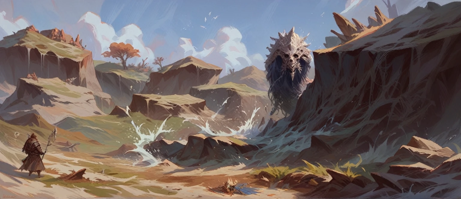 svartalfheim from god of war ragnarok, enviroment desert in a splash art in anime style The design should be dynamic, eye-catching, 