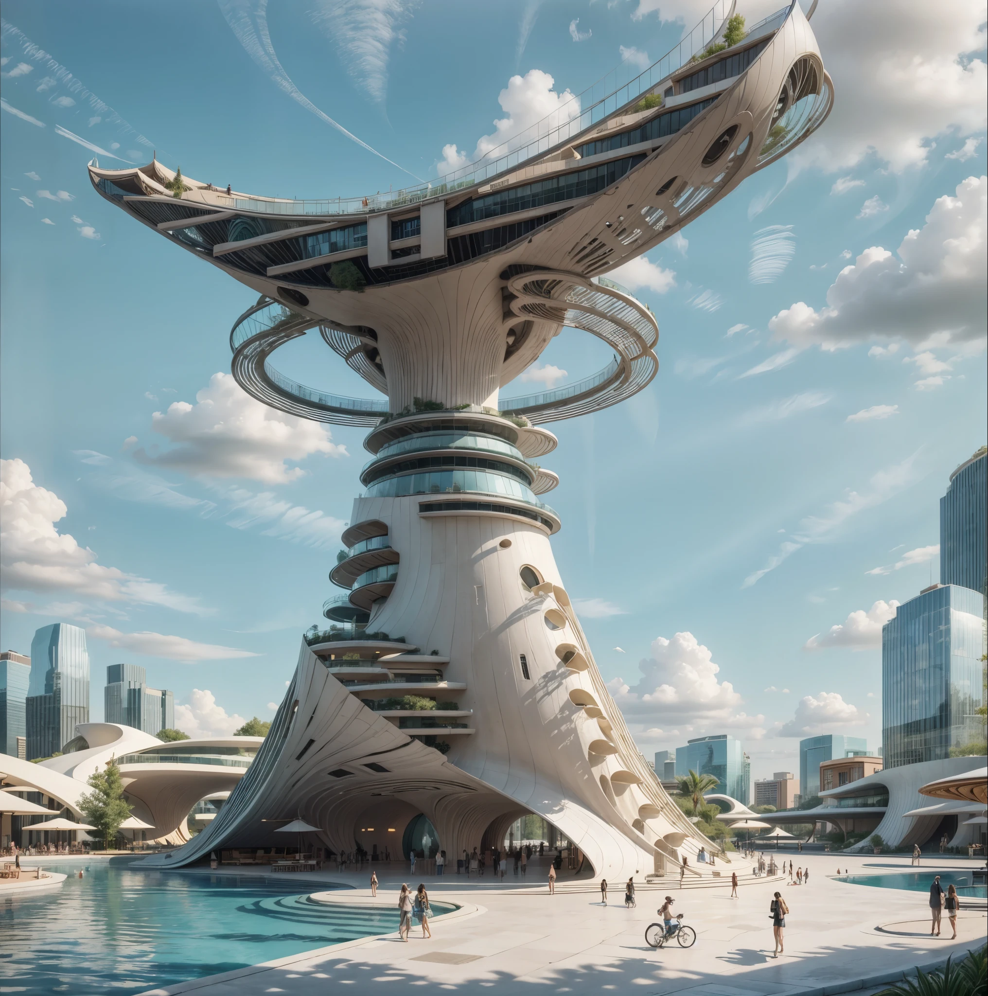 Amazing Architecture, stripe building structures, by Syd mead, park, plaza, walkways, road, trees, people, realistic, pools, BLUE SKY, NEAT, bright day, realistic, flawless, real neat structures