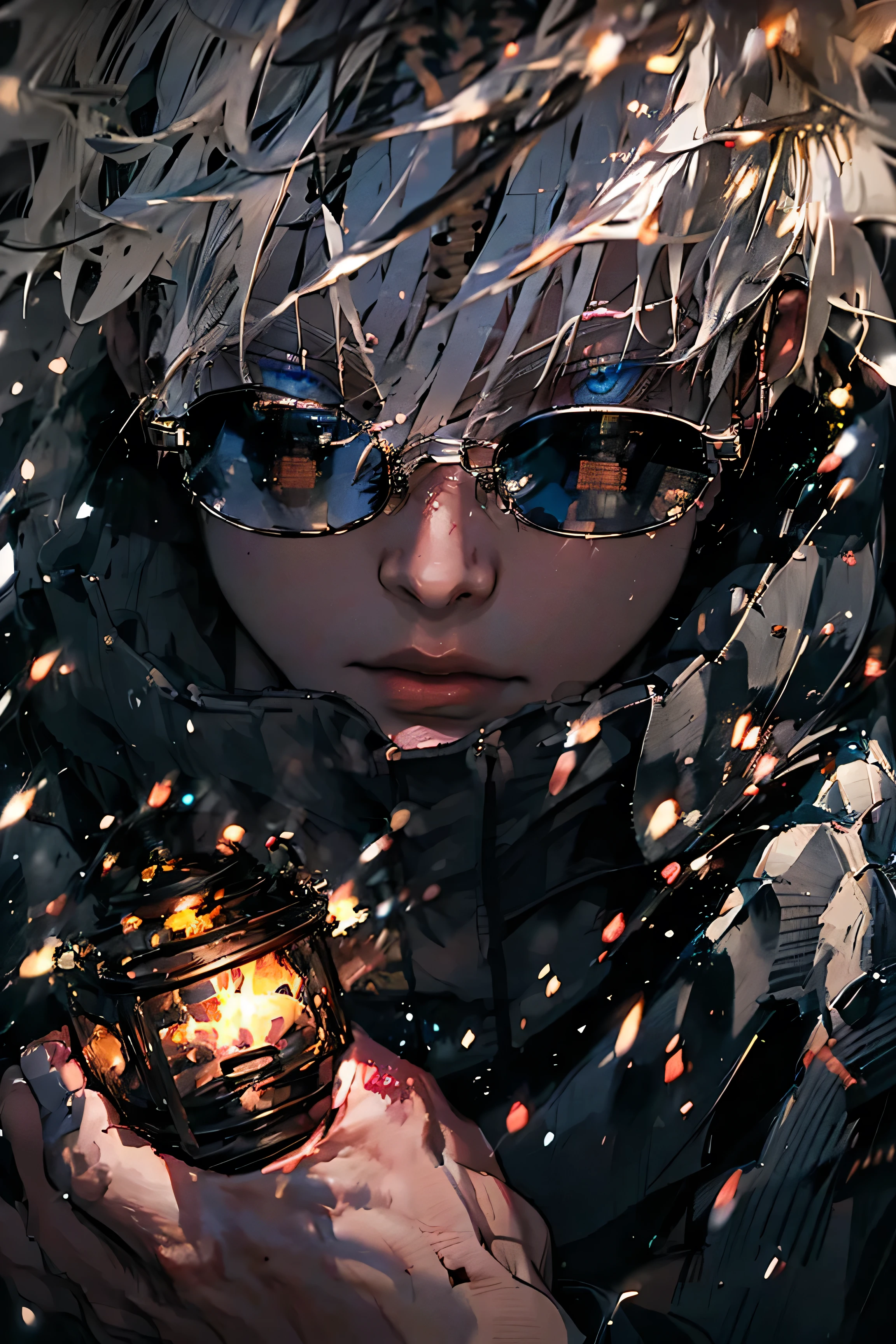 portrait of satoru gojo, beautiful detailed eyes,extremely detailed face, wearing traditional indian clothes, holding small oil lanterns, standing in front of fireworks and burning cracker, wearing black sunglasses, intricate details, hyper realistic, 8k, cinematic lighting, vibrant colors, dramatic composition, masterpiece
