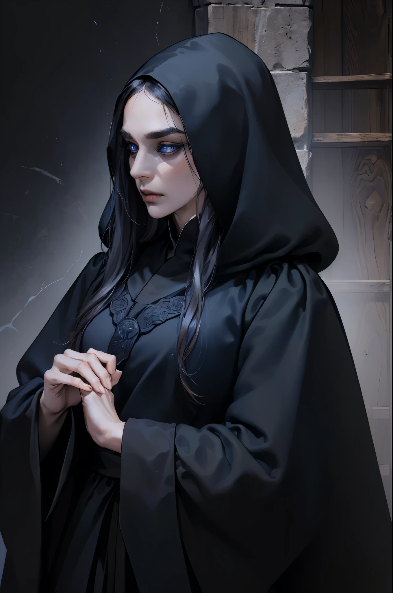 game cover, dark gothic kingdom on the background, ( Digital art , digital illustration , 4K, Ultra detailed , sharp image , incredible eyes , incredible detail) 1 woman, in the hood, with a knife in hand ((черные hair, hair , long face, thin lips, serious look, detailed face, detailed dark blue eyes, brave,28-year-old woman,:1.3)), ((black robe, all black clothes , in the hood убийцы, knife in hand )), looks at the viewer