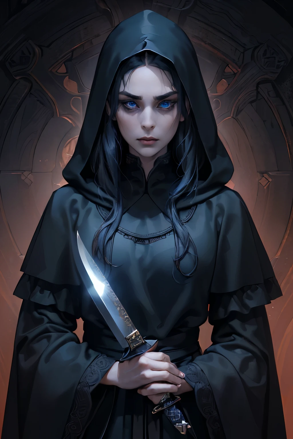 game cover, dark gothic kingdom on the background, (  Digital art ,  digital illustration  , 4K, Ultra detailed  ,  sharp image  , incredible eyes , incredible detail) 1 woman, in the hood, with a  knife in hand  ((черные hair, hair , long face, thin lips, serious look, detailed face,  detailed dark blue eyes, brave,28-year-old woman,:1.3)), ((black robe,  all black clothes , in the hood убийцы,  knife in hand  )),  looks at the viewer
