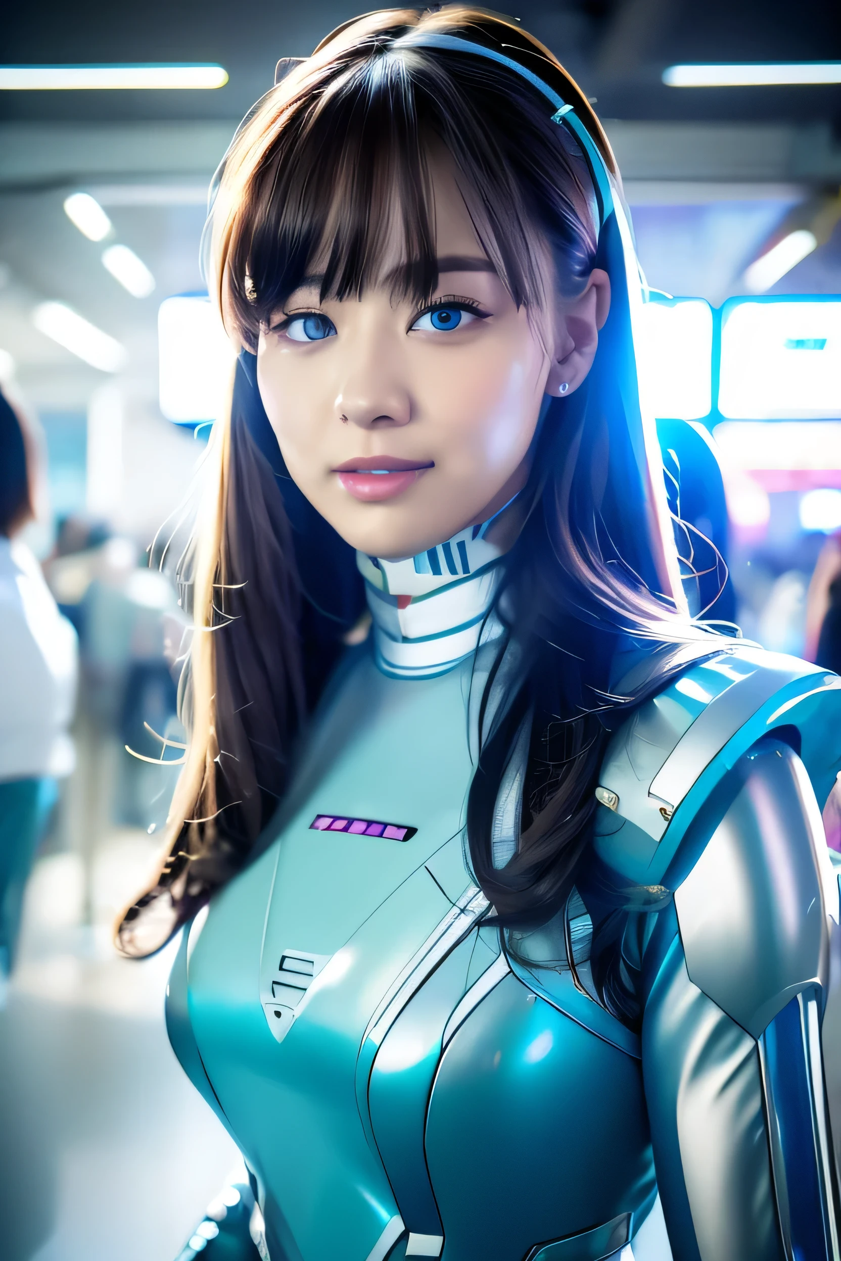 masterpiece, Best Quality, Extremely detailed, 8K portrait,Japaese android girl,Plump , control panels,Robot arms and legs, Blunt bangs,perfect robot girl,a bit chubby,white gloves,chest monitor,blue eyes,Charging spot,She is exhibits,exibition hall,promo girl,