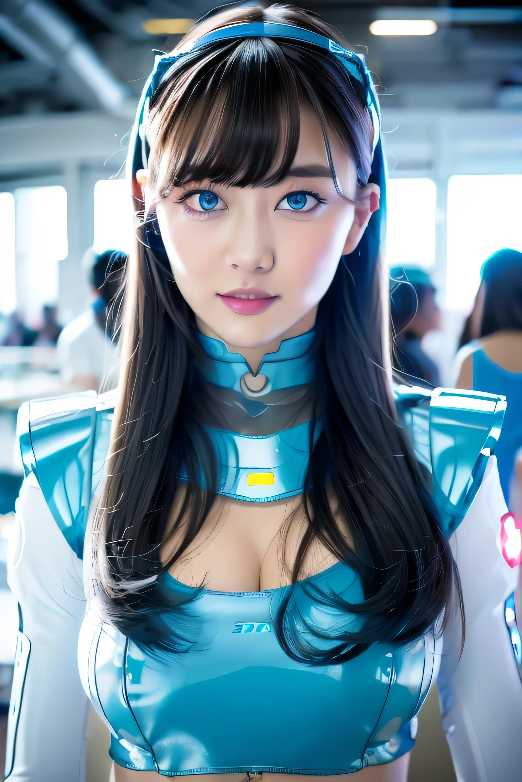 masterpiece, Best Quality, Extremely detailed, 8K portrait,Japaese android girl,Plump , control panels,Robot arms and legs, Blunt bangs,perfect robot girl,a bit chubby,white gloves,chest monitor,blue eyes,Charging spot,She is exhibits,exibition hall,promo girl,