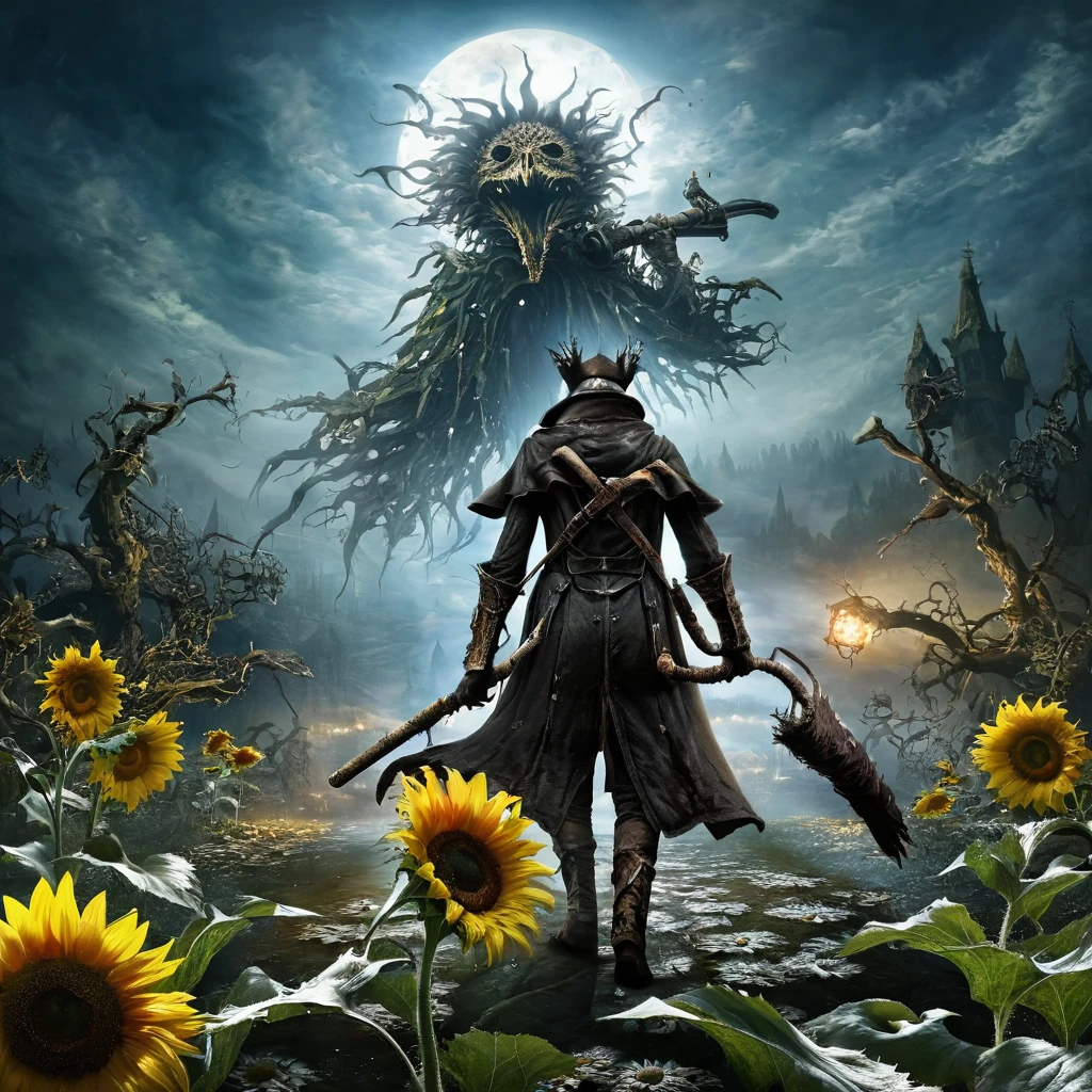 a bloodborne like hunter ,  holding a cane in his left hand  ,  background, 宇宙的なbackground、 just one giant white sunflower 、  Dark Fantasy Art    ,  Best Quality ,       Wide Shots     , Ultra Wide Angle, 