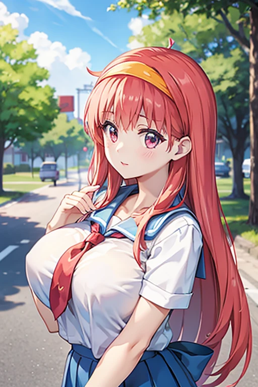  high school students、Big Breasts、Long Hair、 headband 、background road to school