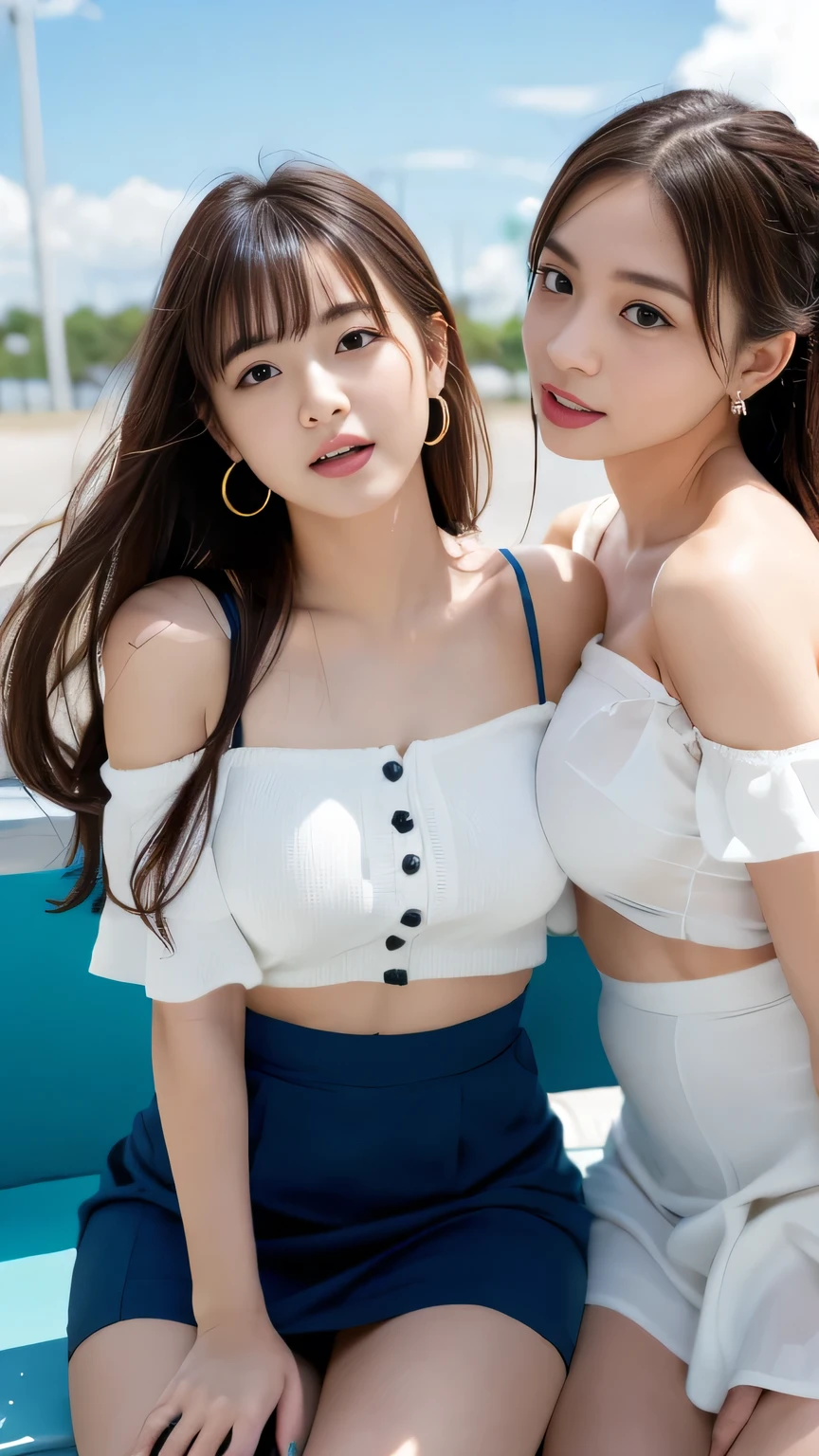 ((Highest quality)), ((masterpiece)), (detailed),((Perfect Face))、((Perfect body))、 ((The two of them bend over and look at me.))、((Both of them looking up))、((big breast:1.2))、8K,Realistic、Realistic、High definition、high resolution、Real、Korean、Outdoor、blue sky、summer、Very white skin、21 years old、smile、A good friend、Heavy makeup、Light blue sleeveless shirt、Black off-the-shoulder outfit、Short denim pants、White flared skirt、Jet Black Hair、Straight Hair、long hair