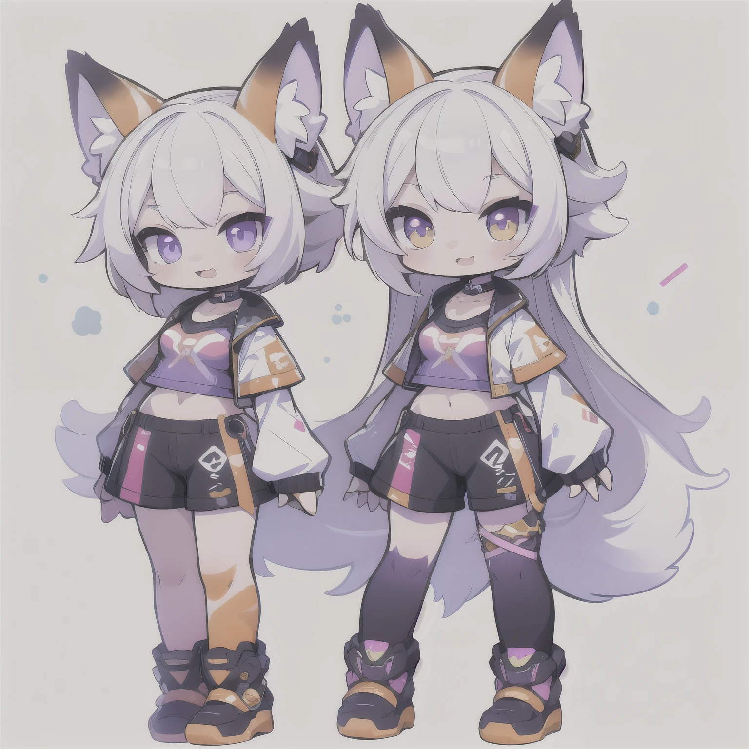  Female hairy purple fox  ,  Fox ears, fox tail ,  workout clothes  ,  wide hips  , White Skin Body ,  Simple background ,  full body , standing, Chibi. ( cyberpunk style), ( masterpiece ,  high quality  , best quality, 8k,  High resolution), ((estilo Chibi, Chibi cute)), (Alone, a girl ), {fox girl, Fox Face, 2 fangs  , long eyelashes, eyeliner} { fox mustaches  }, (((  Fox skin over body  ,  fox stripes on the body  , visible ears  ))), ((  Long rainbow hair  )), hair clip, [[hair clip Cyberpunk]], ((very happy)), ((open mouth)), [Rainbow pupil  ], (( looking up )), (very small breasts), thin arms, (  arm down), armpits, ((Mini T-shirt,  full white t-shirt  )), { Calsa Legging brancos }, {{{  mini tiger tail  ,  tail on the back  }}}, (((  Blow from above the body  ))), (((standing,  choppy heel angle  ))),  dynamic pose  , white background,  Simple background , ((((  Tora-chan style in Hanayome )))), ((  Dazzling vivid color  )), ANIME STYLE, Sleeve color  . masterpiece , perfect anatomy.