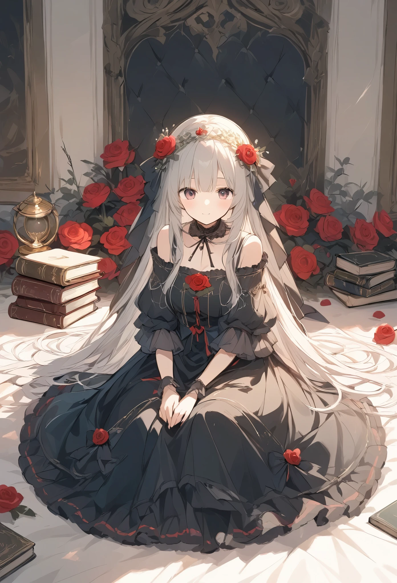 Light line drawing、Light color、doll、Rose Maiden 、 gothic dress 、Ball joints、sit、 old book on the side 、 surround it with red roses