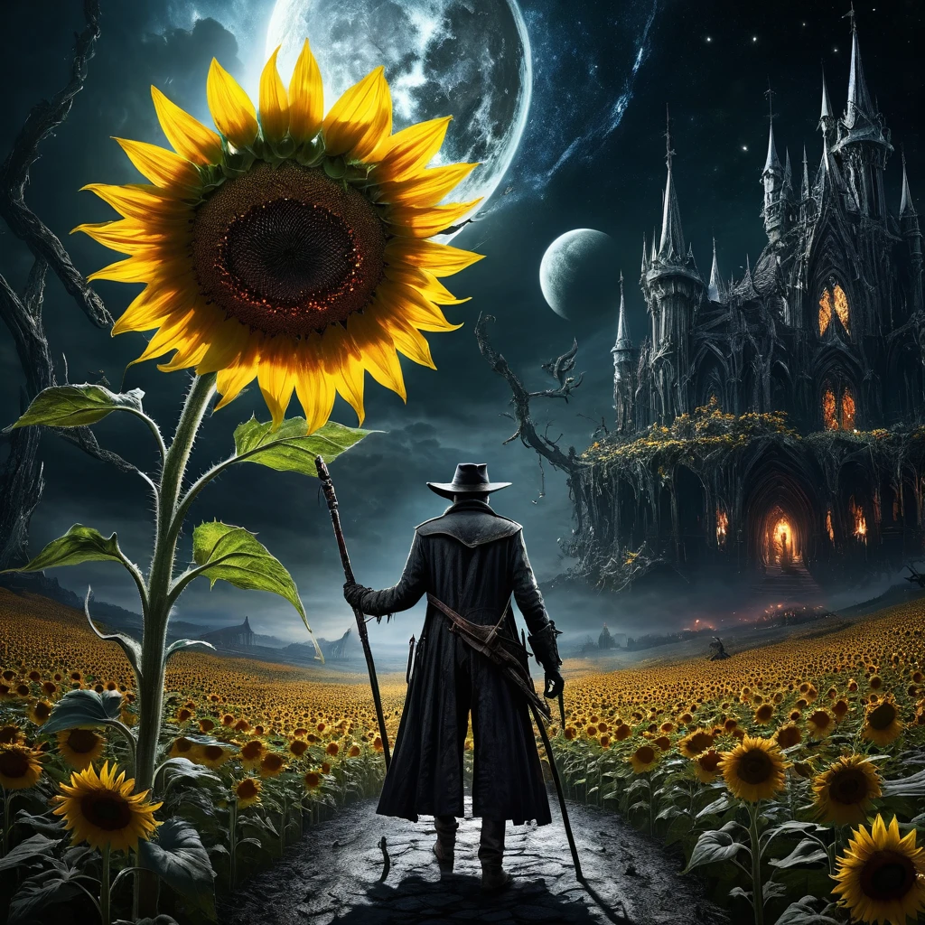 a bloodborne like hunter ,  holding a cane in his left hand  ,  background,  cosmic world、 just one giant white sunflower holding a cane in her left hand 、  Dark Fantasy Art   ,  Best Quality ,  Wide Shots    , Ultra Wide Angle, 