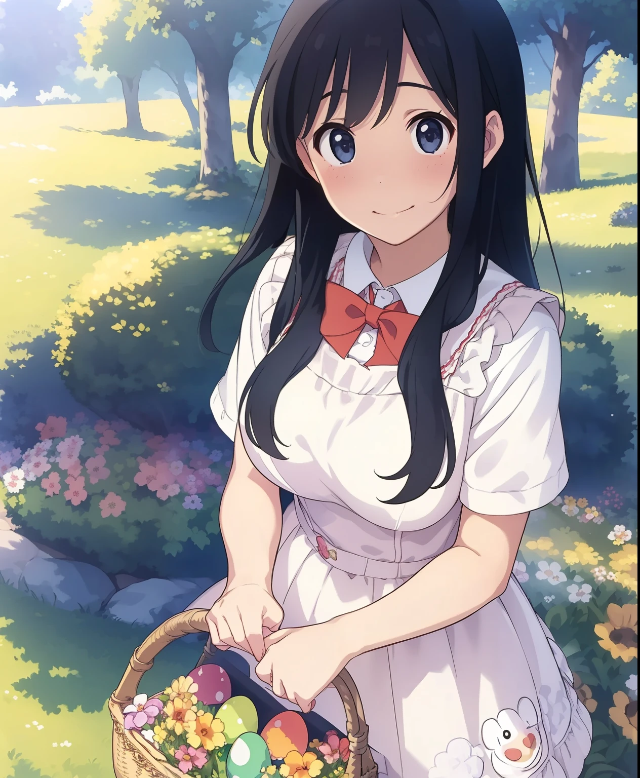 (masterpiece、Best Quality、Best Quality、Official Art、Beautiful and beautiful:1.2)、(One person:1.3),Beautiful breasts,、(masterpiece), Best Quality, HOLD A SUNNY SPRING DAY , in a meadow full of flowers, a girl in colorful dress and white_apron, holds a basket of Easter egg with rabbits around her, Easter, Easter egg, rabbit, flower, smile, Floral print, dress, basket, frills, bow, watching viewers in the winter mountains , frilled dress, the above, Cute 00d