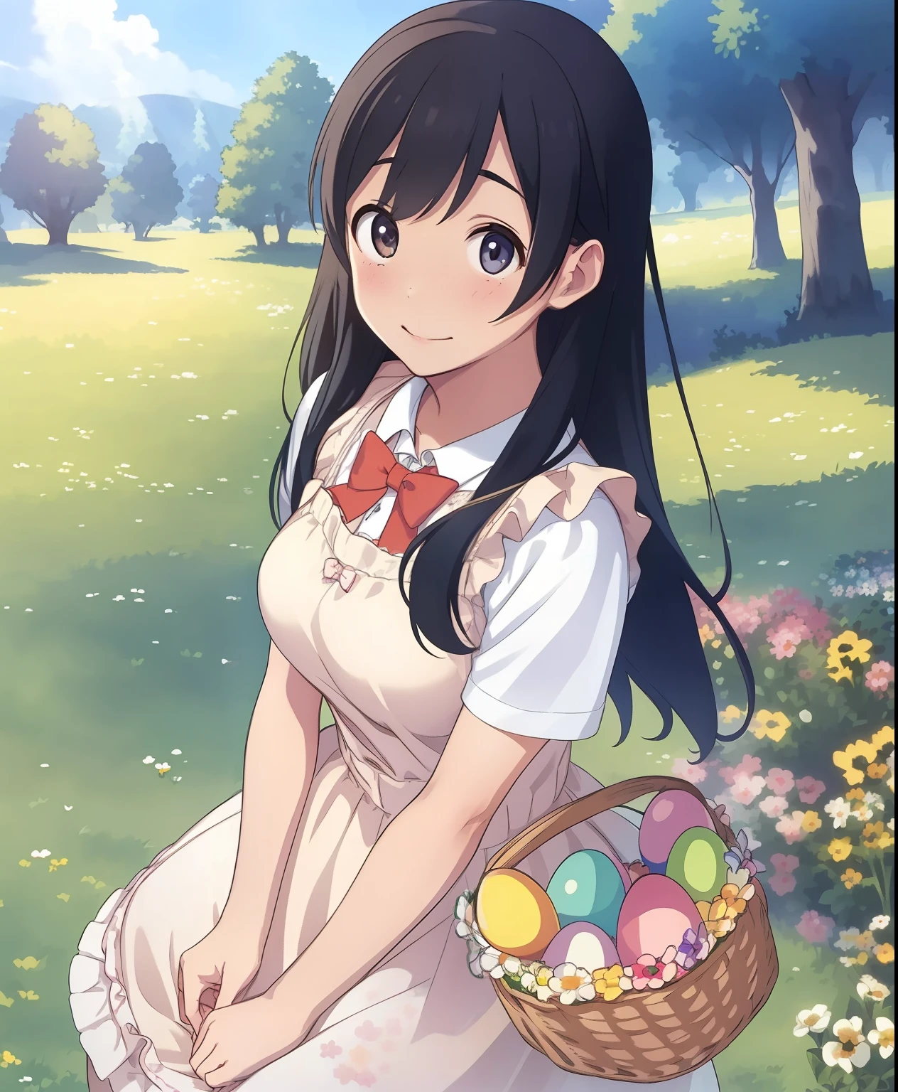(masterpiece、Best Quality、Best Quality、Official Art、Beautiful and beautiful:1.2)、(One person:1.3),Beautiful breasts,、(masterpiece), Best Quality, HOLD A SUNNY SPRING DAY , in a meadow full of flowers, a girl in colorful dress and white_apron, holds a basket of Easter egg with rabbits around her, Easter, Easter egg, rabbit, flower, smile, Floral print, dress, basket, frills, bow, watching viewers in the winter mountains , frilled dress, the above, Cute 00d