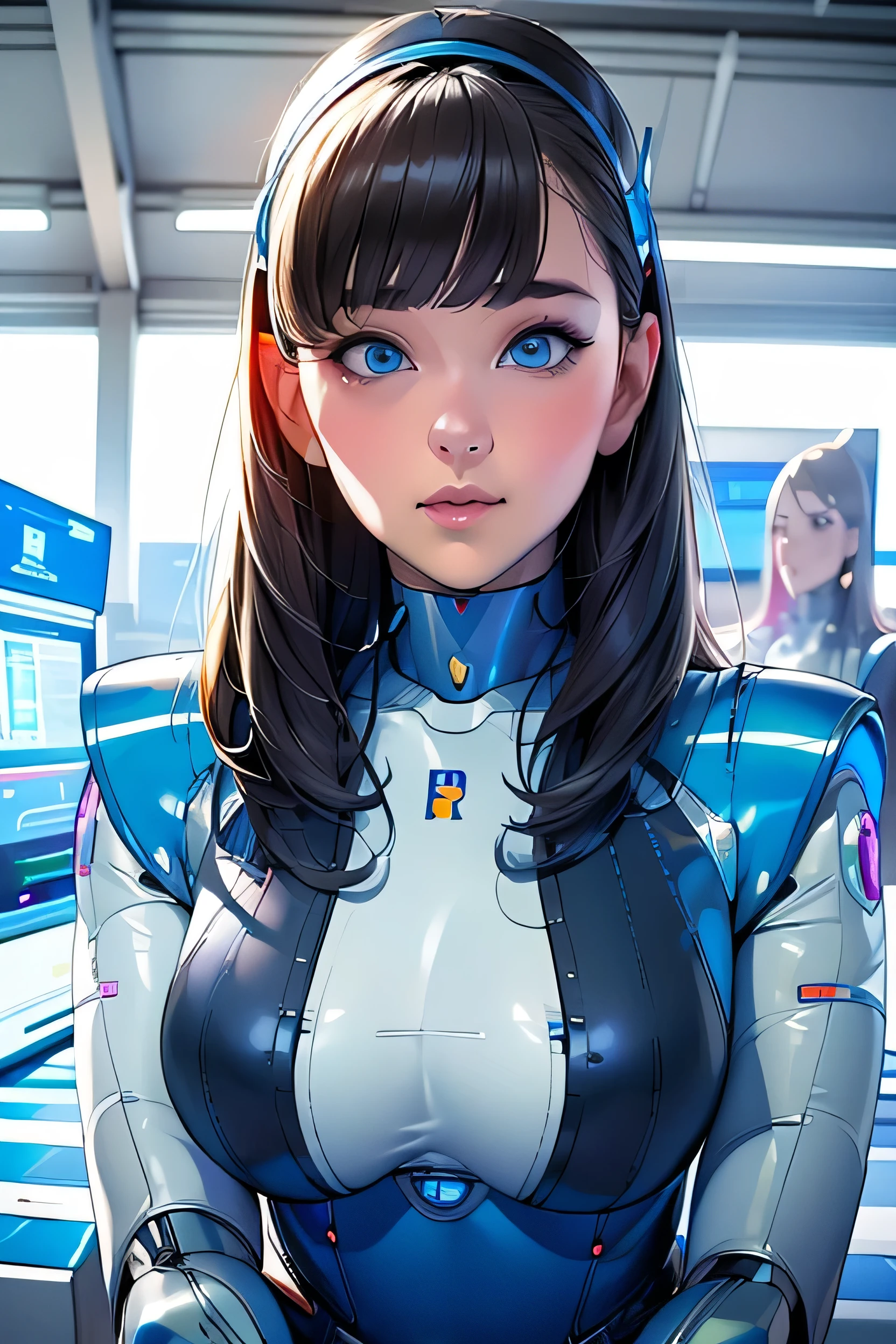 masterpiece, Best Quality, Extremely detailed, 8K portrait,Japaese android girl,Plump , control panels,Robot arms and legs, Blunt bangs,perfect robot girl,a bit chubby,white gloves,chest monitor,blue eyes,Charging spot,She is exhibits,exibition hall,promo girl,