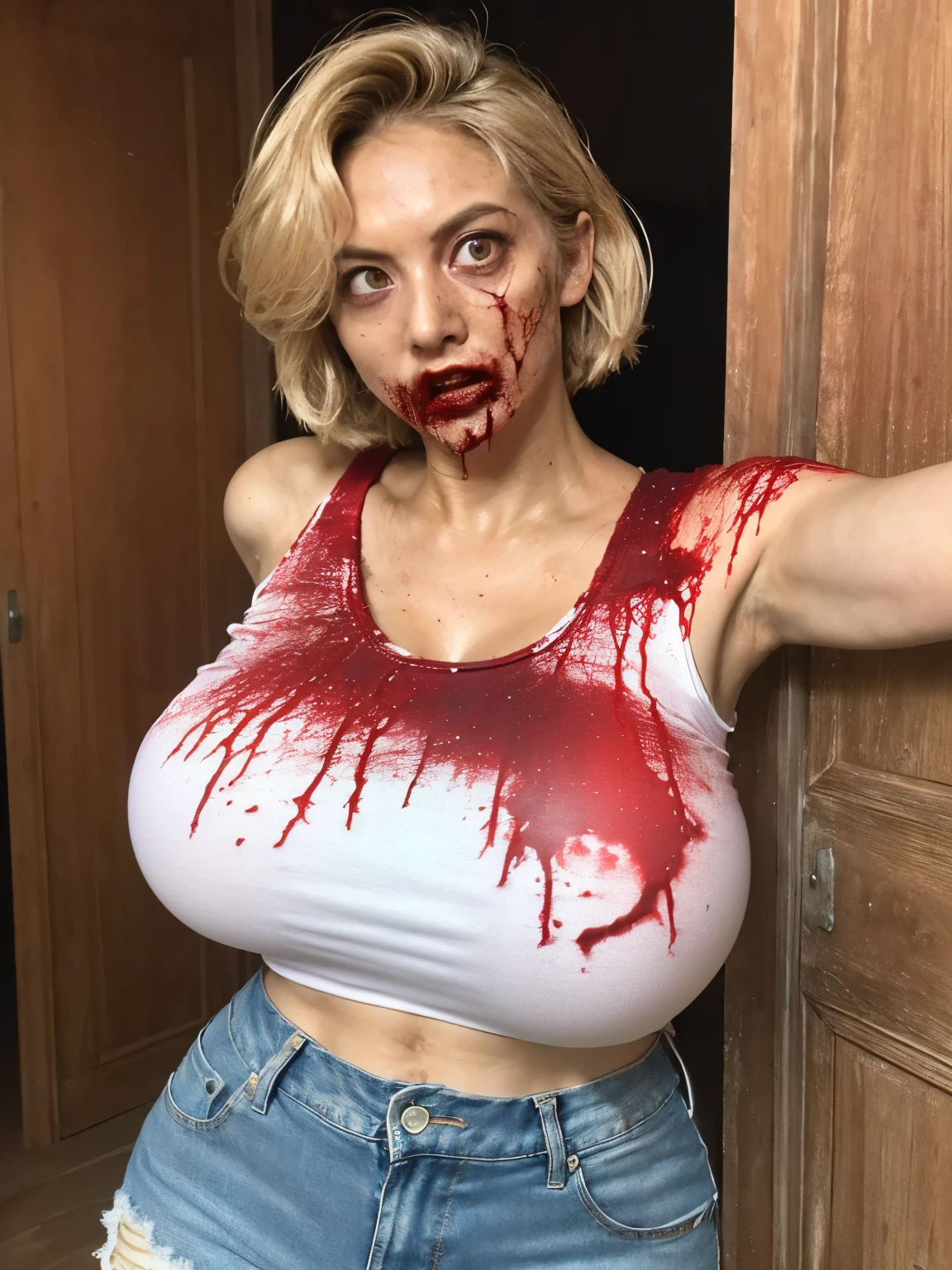 (highest quality:1.2, masterpiece), 8K, Professional Lighting, Cinematic Lighting, RAW Photos, Ultra-realistic photos, ultra realistic & detailed portrait of female zombie, American zombie girl, blonde, bob short hair, (ultra realistic rolling eyes, ultra detailed rolling eyes), (((red colored shirt, ultra realistic torn tank top shirt, midriff, ultra detailed torn short jeans))), bare foots, ((ultra realistic & detailed interior of narrow & abandoned corridor, in abandoned wooden house, a wooden door, dark atmosphere)), ((((ultra realistic rotting zombie bodies, ultra detailed rotting zombie face)))), ultra huge breasts, ultra huge cleavages, ultra huge tits, ultra huge boob, standing, (((realistic reaching arms & hands to viewer, detailed reaching arms & hands to front))), (looking at viewer), 